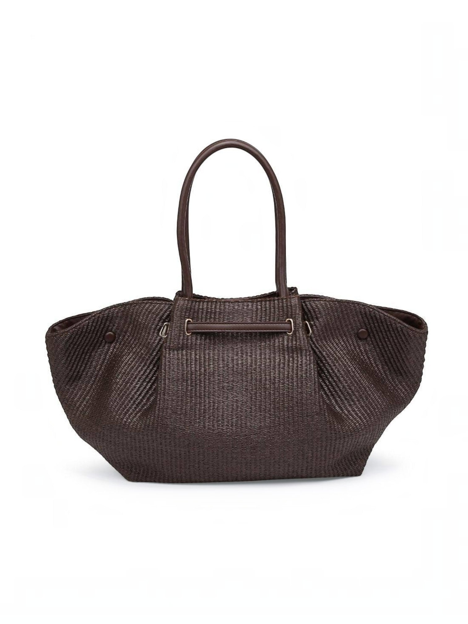 Mialur chocolate brown woven tote bag with long shoulder straps and gold-tone hardware for summer beach or travel.