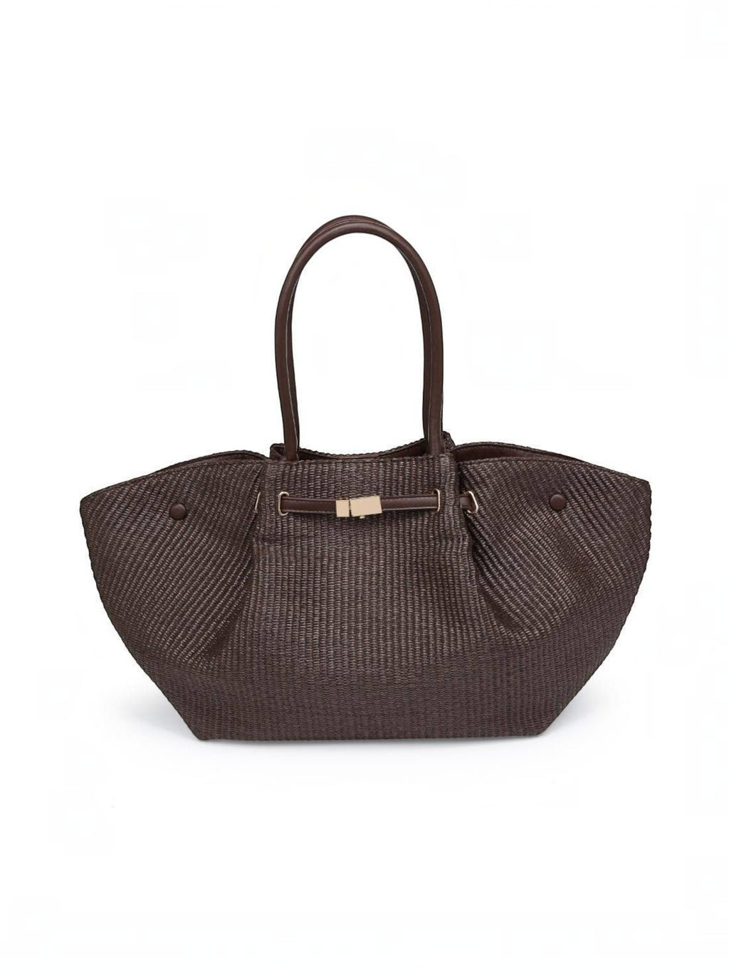 Mialur chocolate brown woven summer tote bag with long shoulder straps and gold-tone hardware on a white background.