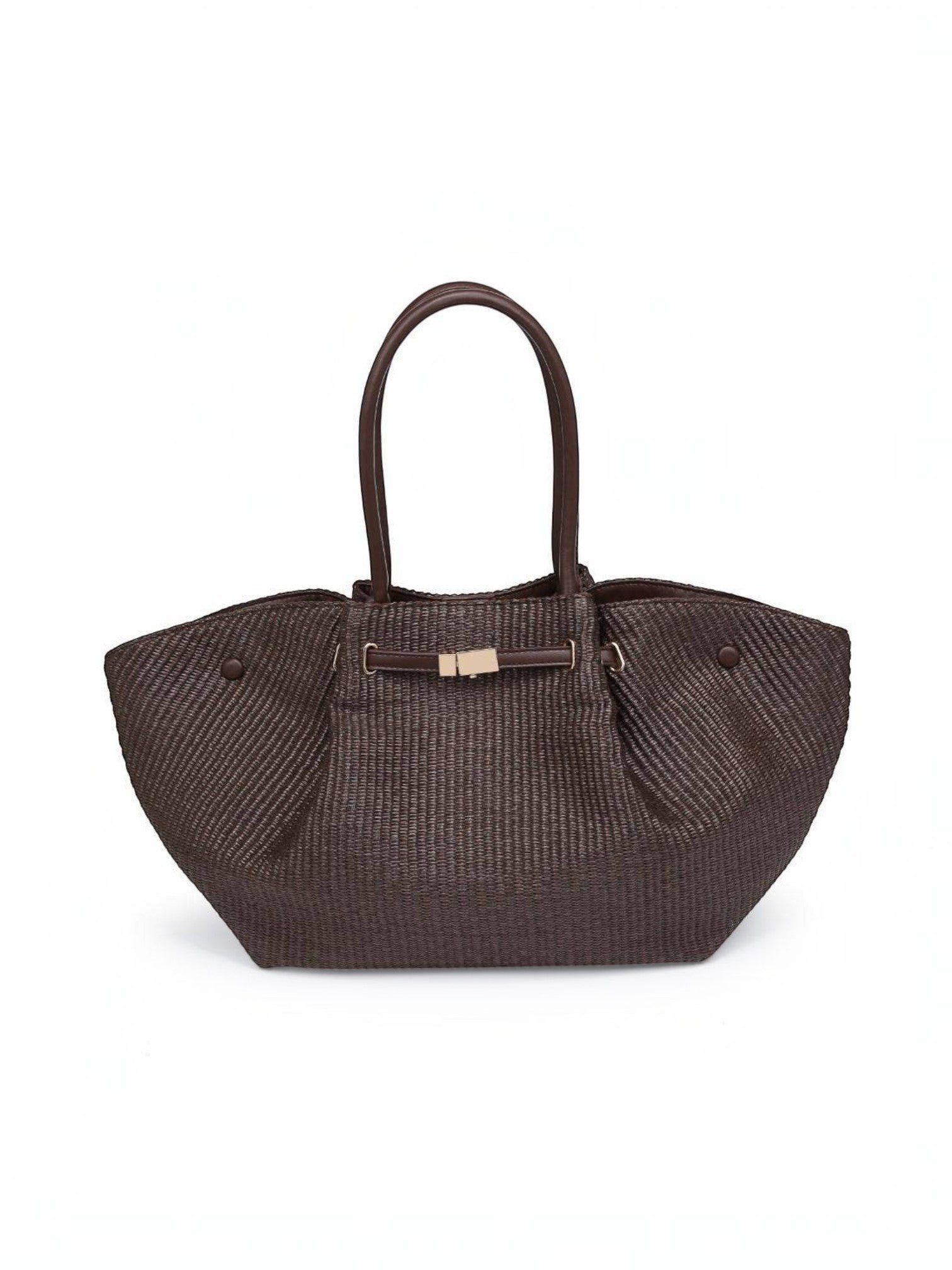 Mialur chocolate brown woven summer tote bag with long shoulder straps and gold-tone hardware on a white background.