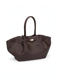 Mialur chocolate brown woven tote bag with long shoulder straps and gold-tone hardware for summer beach or travel.
