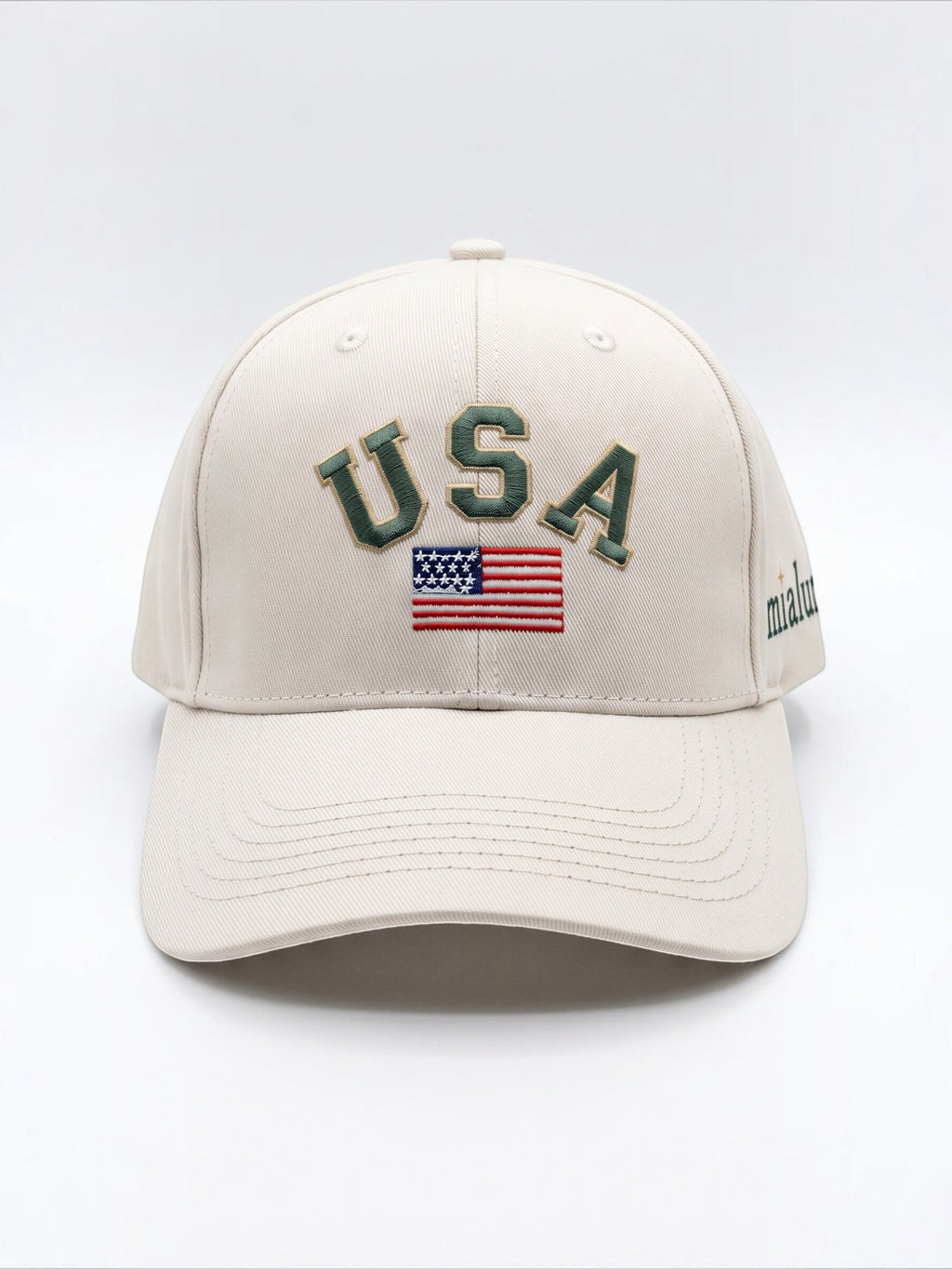 Mialur cream baseball cap with green USA embroidery and American flag detail on a curved brim
