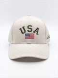 Mialur cream baseball cap with green USA embroidery and American flag detail on a curved brim