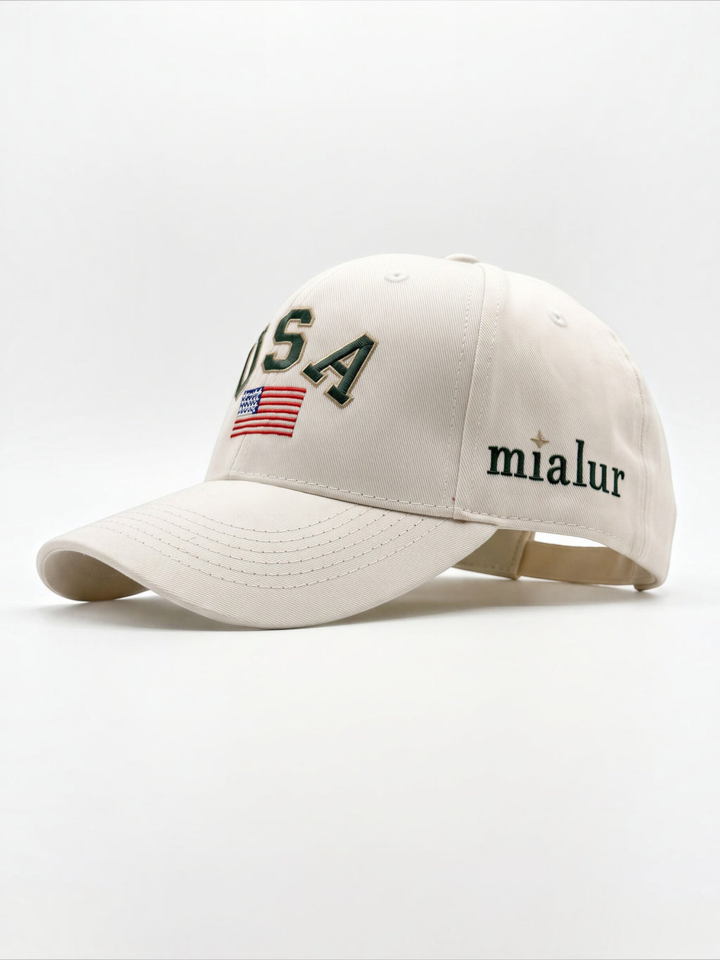 Mialur cream baseball hat with embroidered USA lettering, American flag detail, and side logo on a white background.