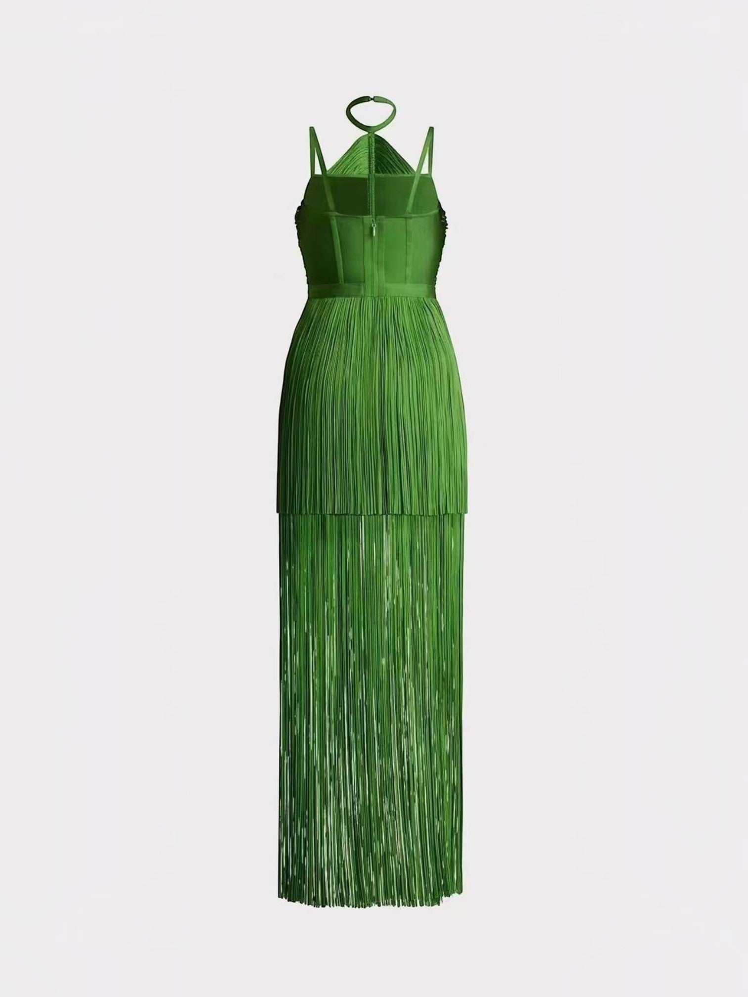 Mialur emerald green maxi dress featuring a fitted halter bodice and a long, flowing pleated fringe skirt.
