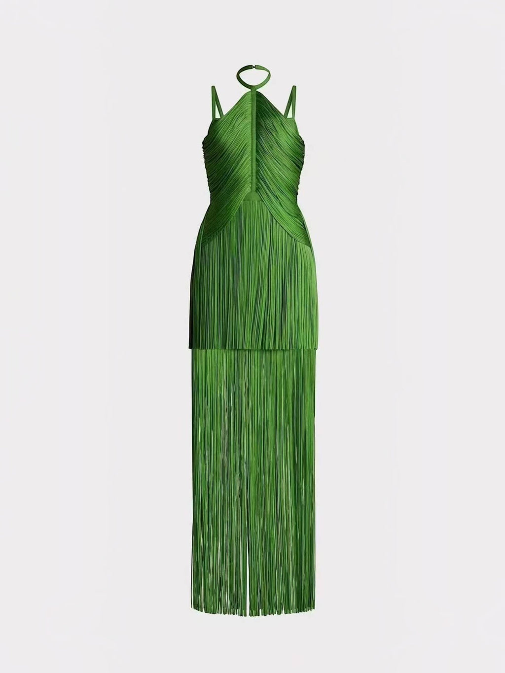 Mialur emerald green maxi dress featuring a fitted halter bodice and a dramatic floor-length pleated fringe skirt.