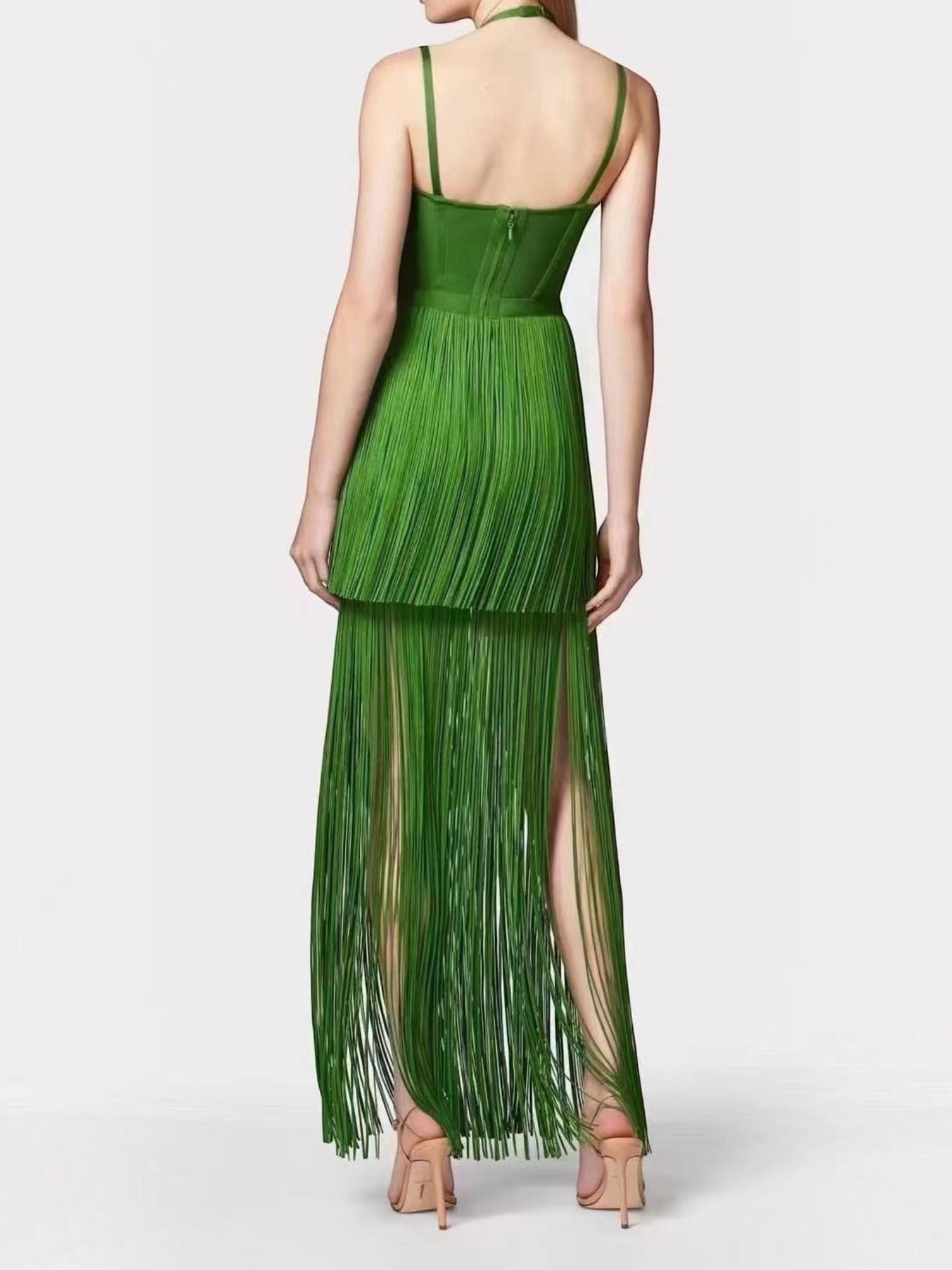 Back view of Mialur emerald green halter maxi dress featuring a fitted bodice and long flowing fringe skirt