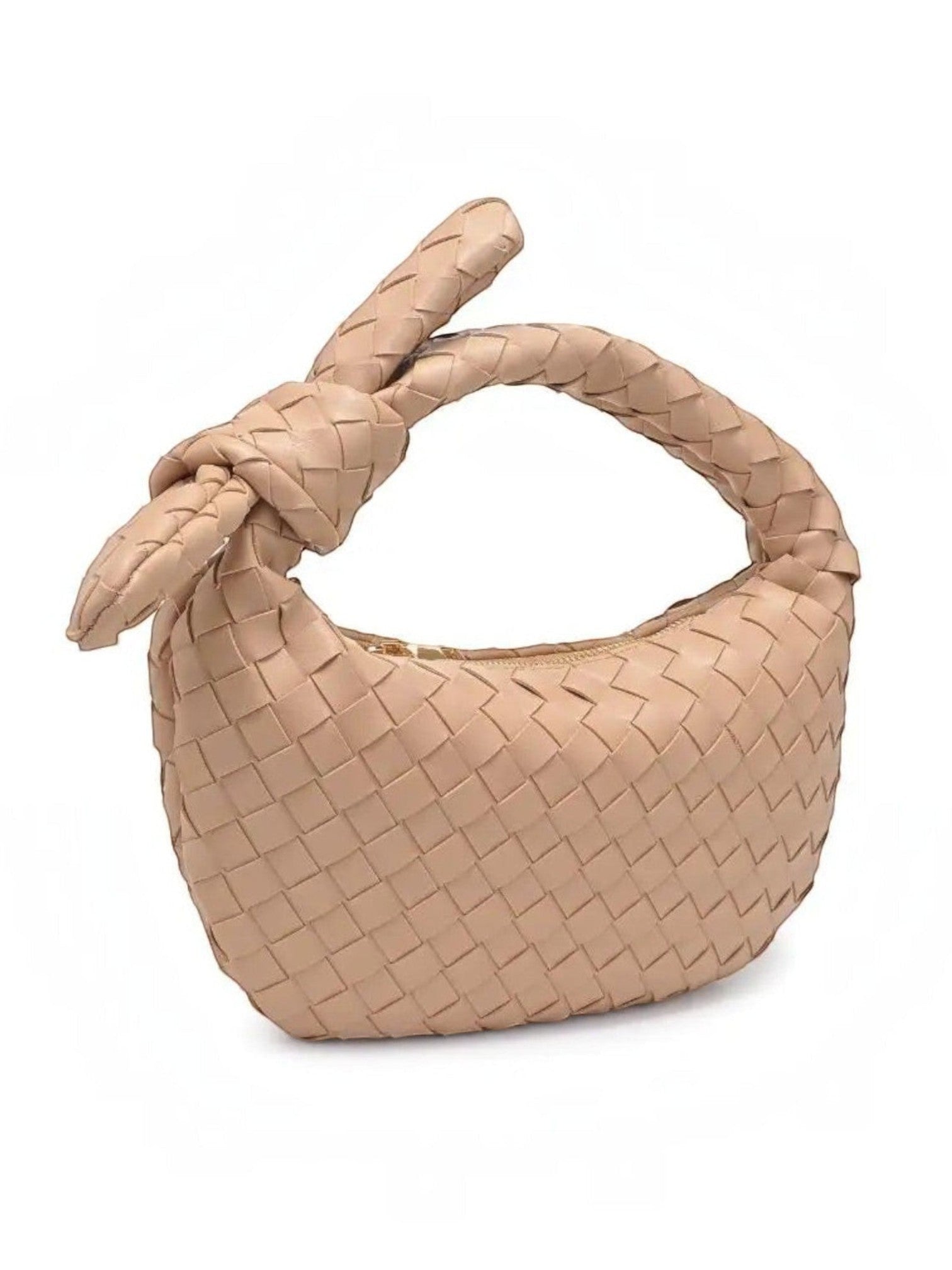 Mialur Emery Clutch in tan vegan leather with a woven texture and signature knot handle in a rounded silhouette.
