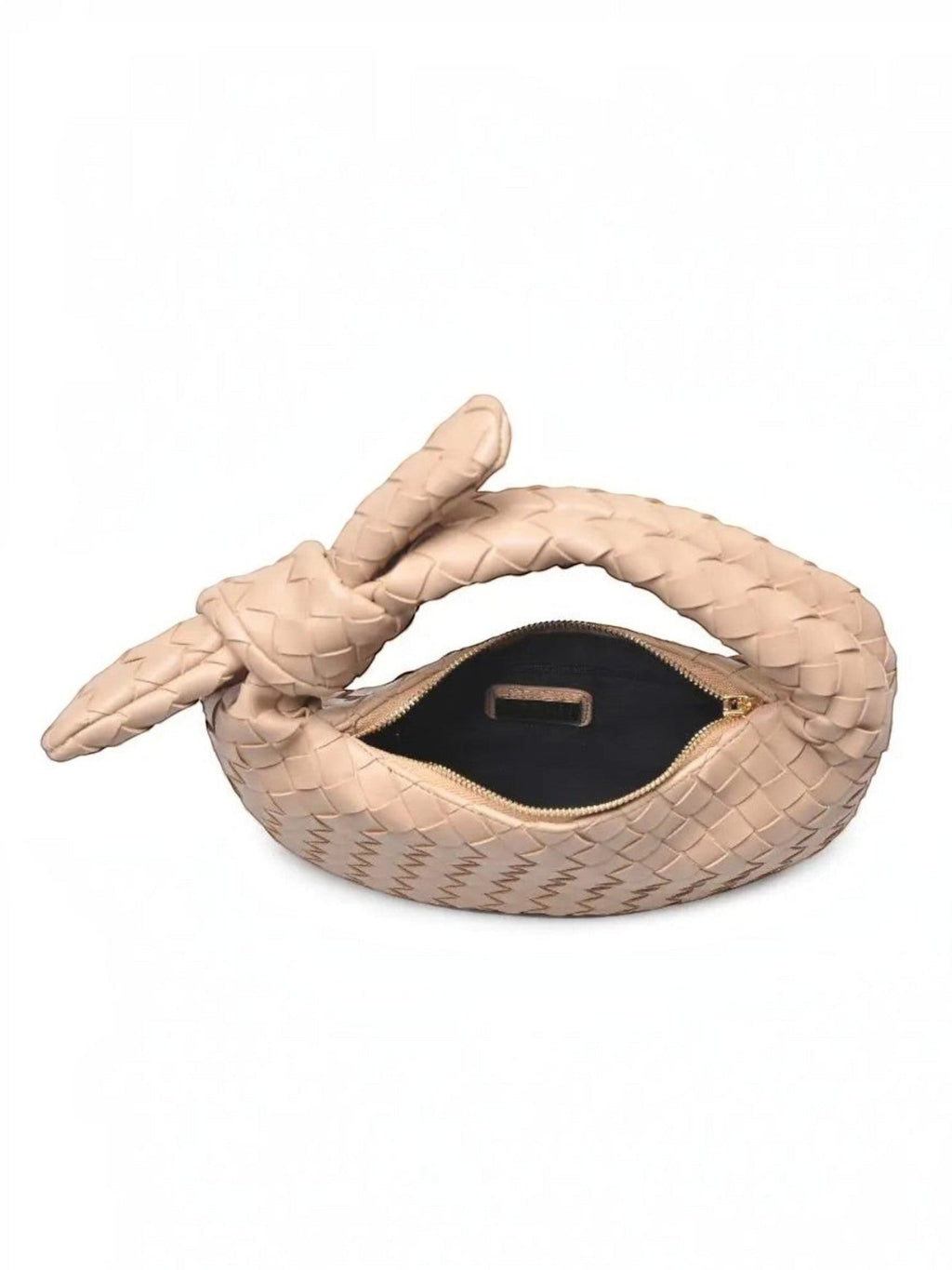 Mialur Emery Clutch in tan vegan leather with a woven texture and signature knot handle, shown from an open top view.