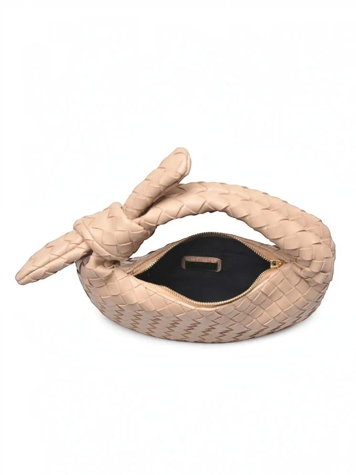 Mialur Emery Clutch in tan vegan leather with a woven texture and signature knot handle, shown from an open top view.