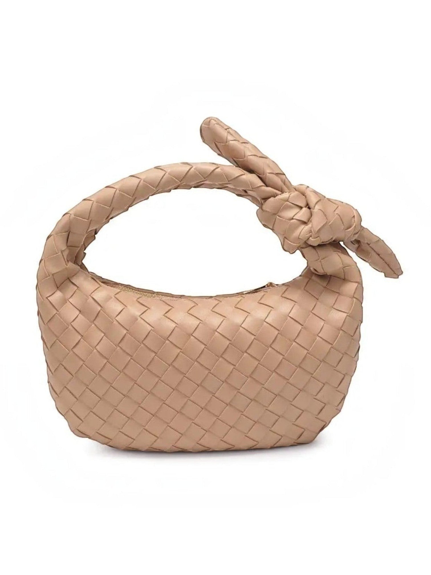 Mialur Emery Clutch in tan vegan leather with a woven texture and signature knot handle on a white background.