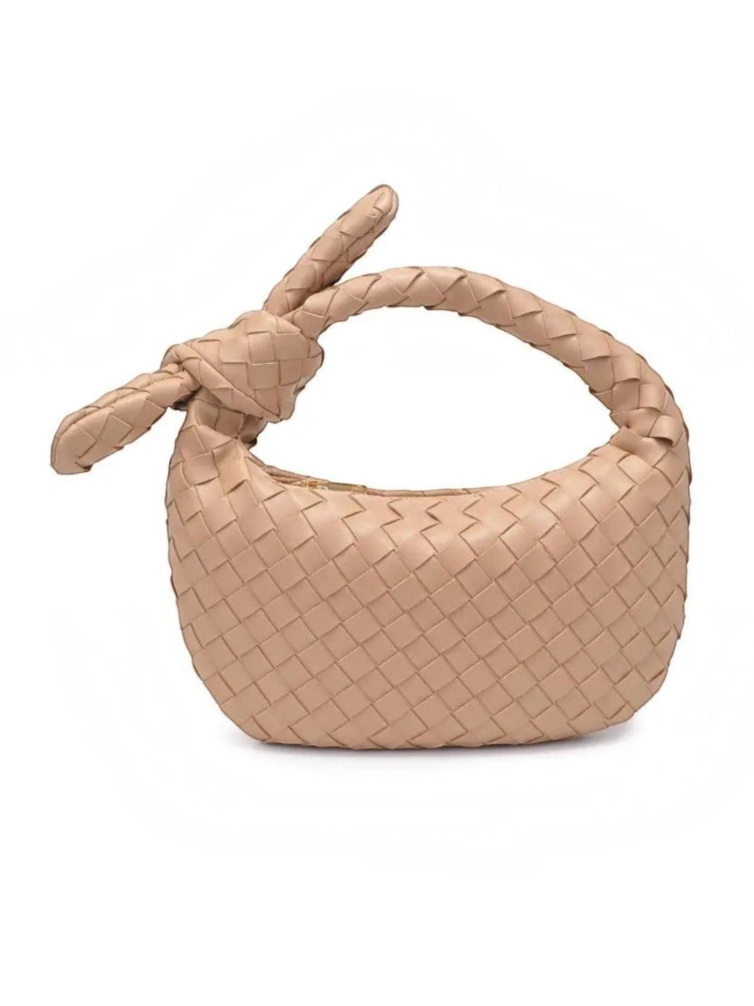 Mialur Emery clutch bag in tan vegan leather with a woven texture and signature knot handle.