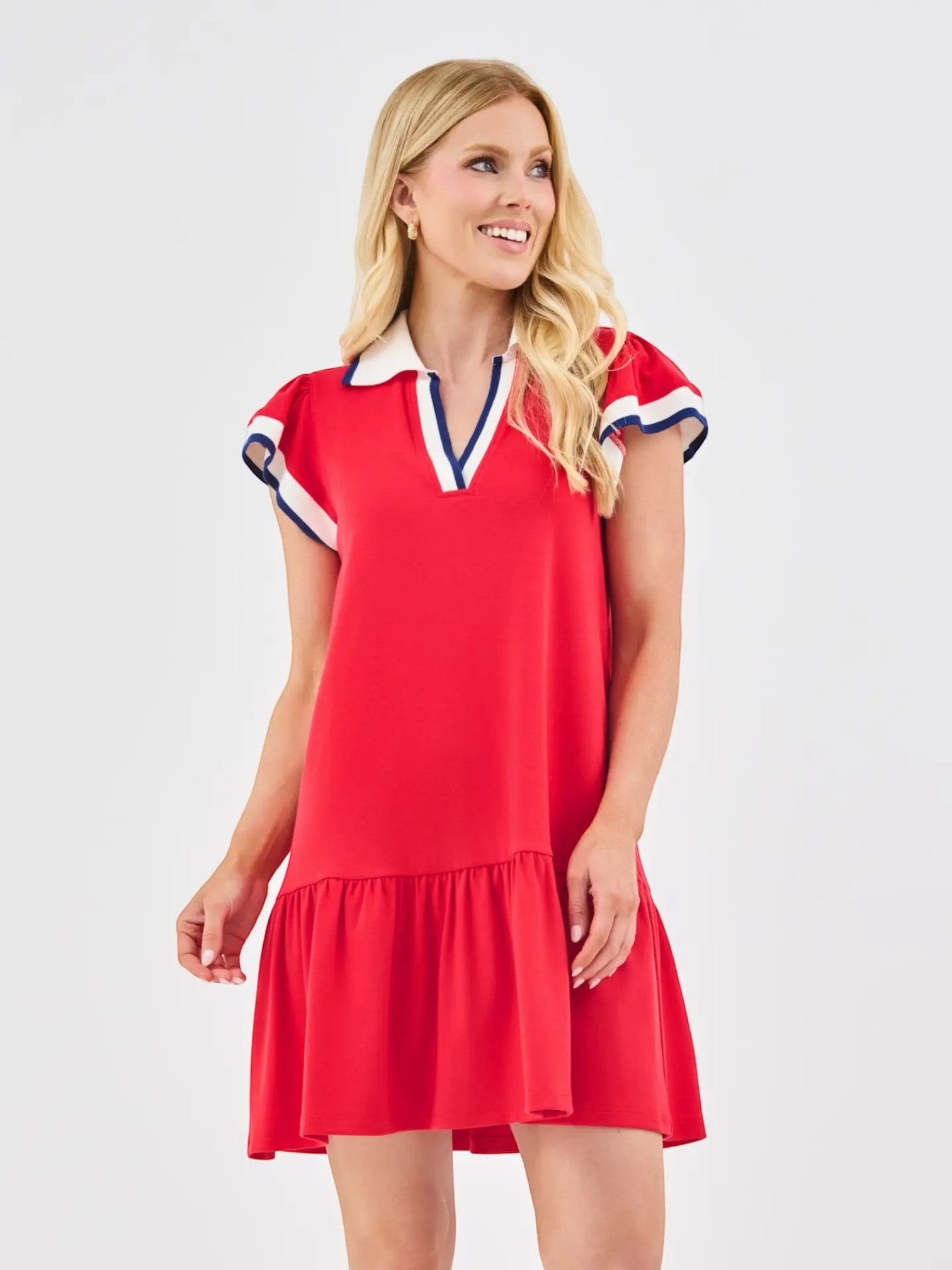 Mialur Festive Picnic Red Dress with navy and white trim, V-neck, short sleeves, and a feminine ruffle hem.