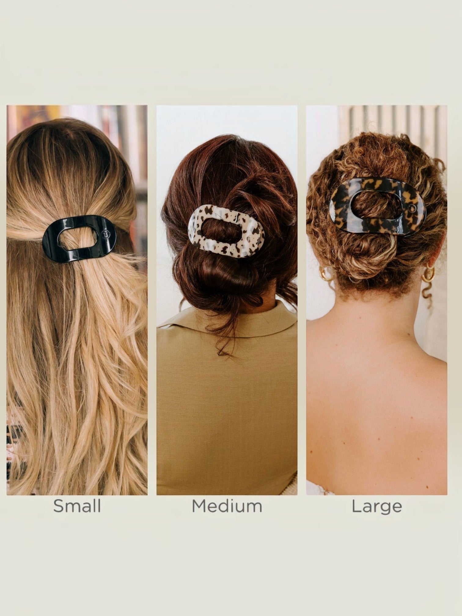 Mialur Boutique - Three vertical panels show women from the back wearing three different hair clips in small, medium, and large sizes. The clips are rectangular with curved ends and shown in black, leopard print, and tortoiseshell patterns.