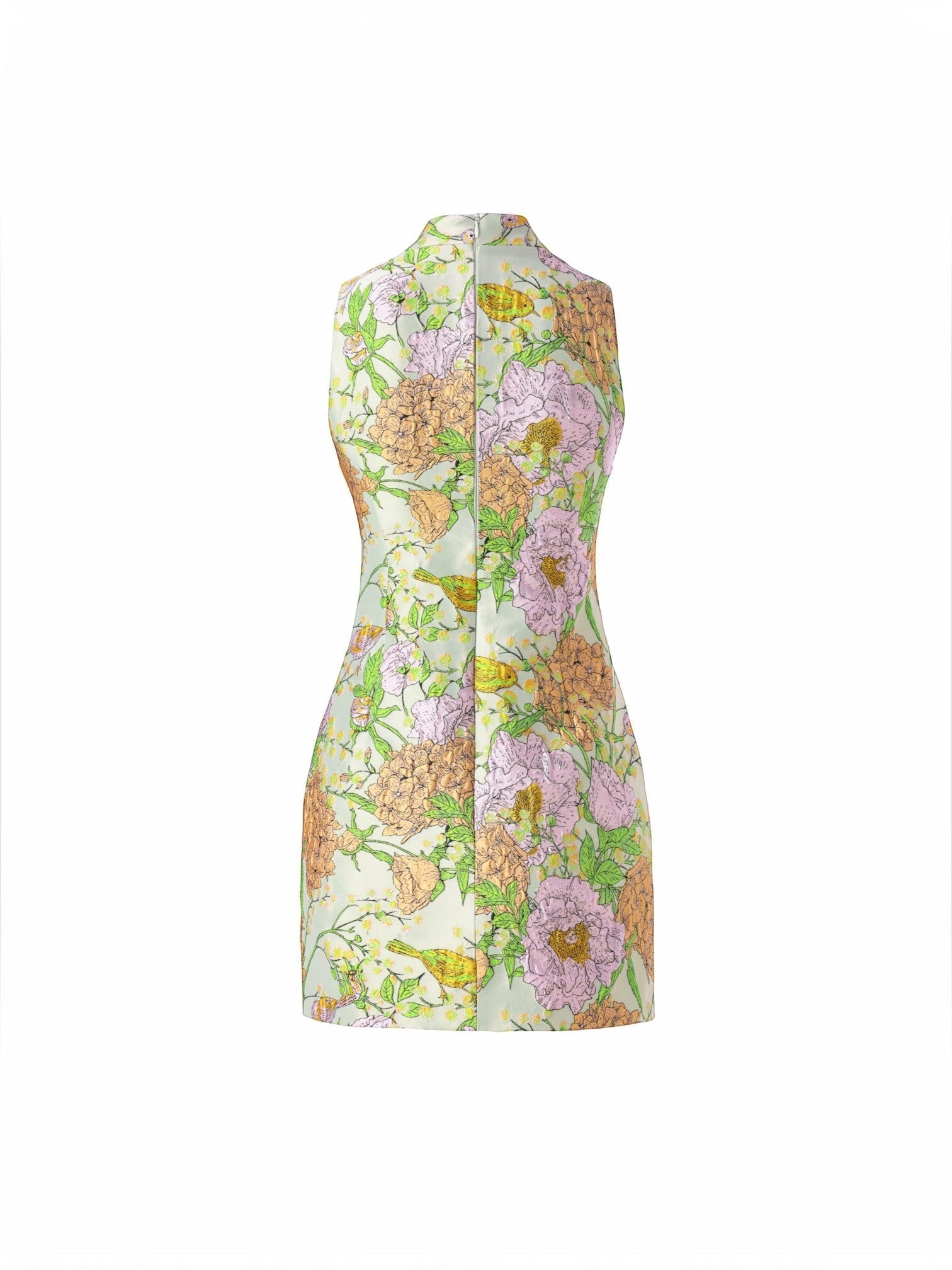 Back view of Mialur The Flora Mini Dress in sage green with lavender and gold botanical floral and bird print.