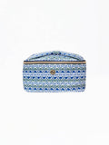 Mialur Floral Foulard cosmetics bag in blue, white, and green with a gold-tone zipper and decorative hardware.