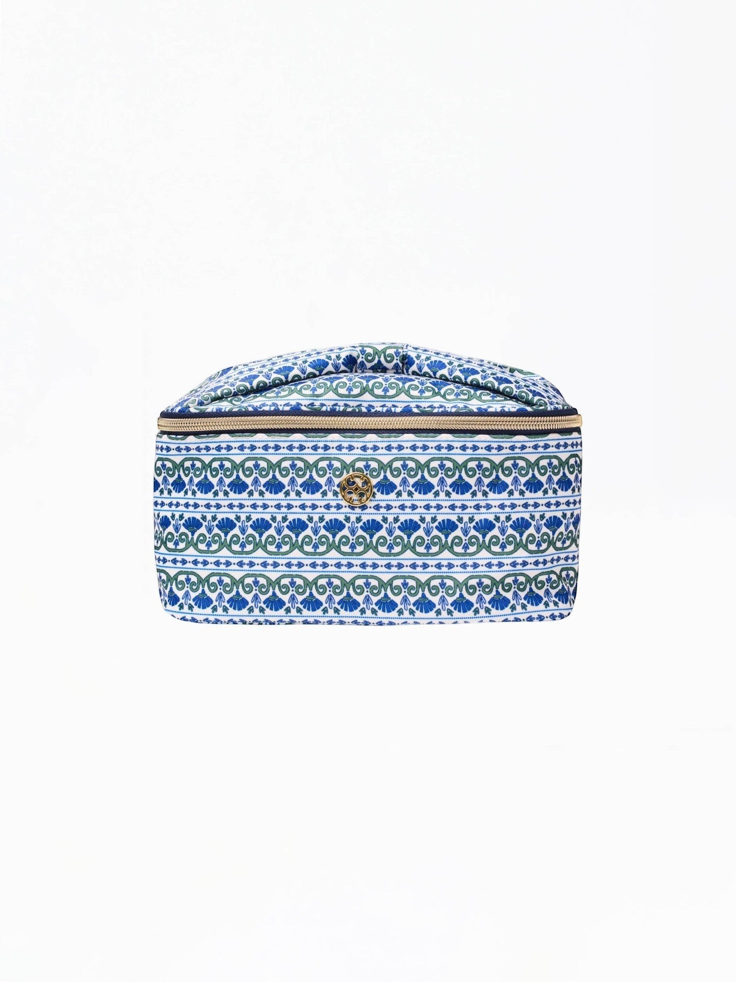Mialur Floral Foulard cosmetics bag in blue, white, and green with a gold-tone zipper and decorative hardware.