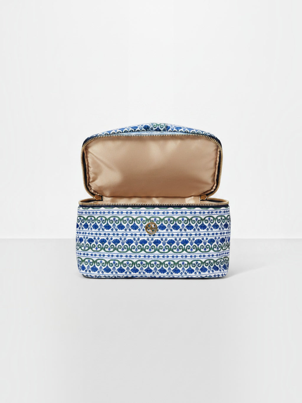 Mialur Floral Foulard cosmetics bag in blue, white, and green with a gold-tone zipper and open structured interior.