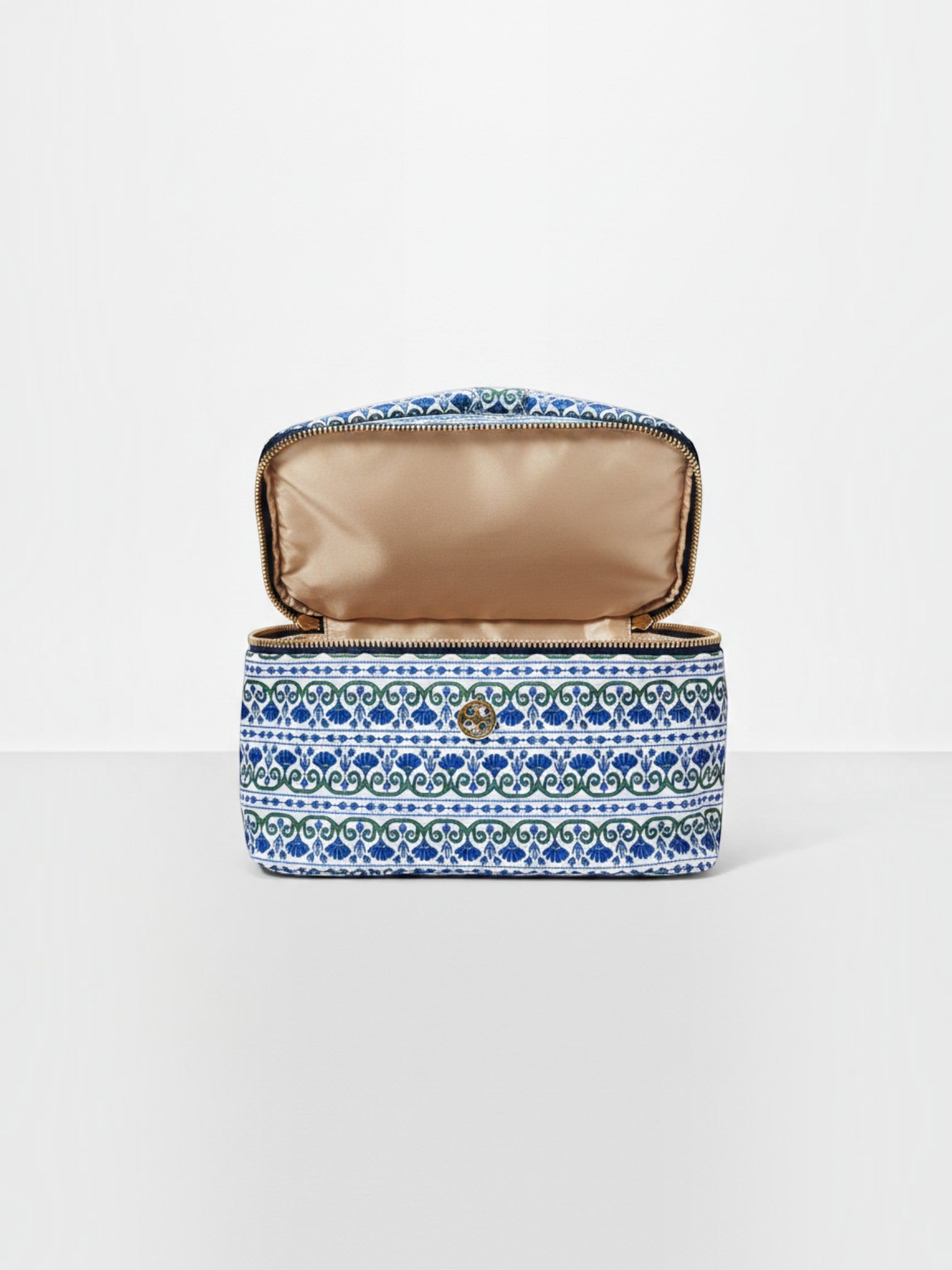Mialur Floral Foulard cosmetics bag in blue, white, and green with a gold-tone zipper and open structured interior.