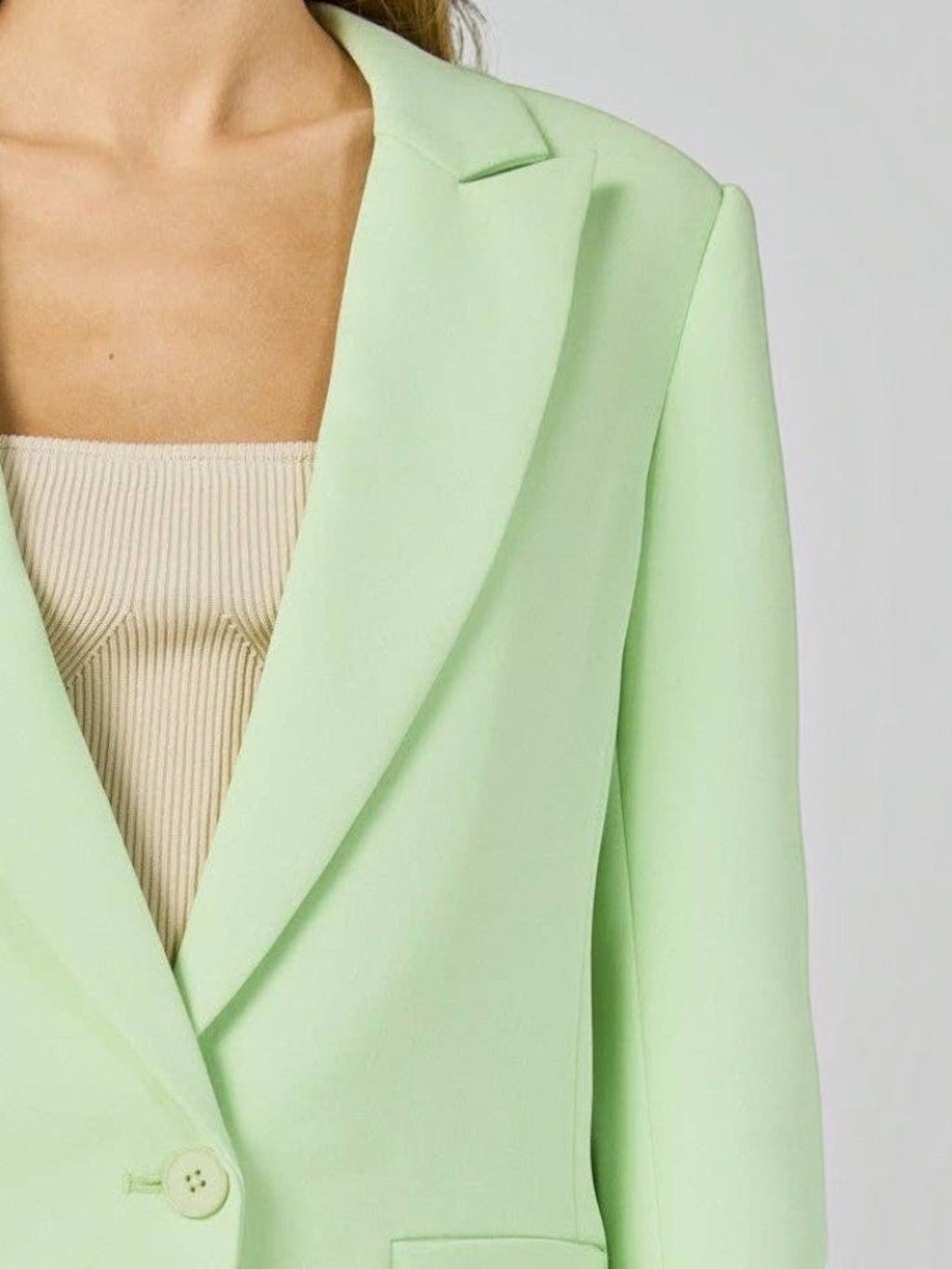 Mialur Florida Blazer in sugar lime light green with a relaxed oversized fit, lapel collar, and front button.