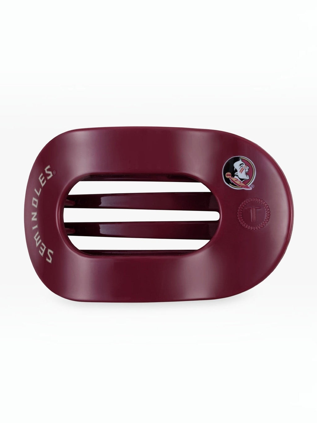 Mialur Florida State University Go Noles! medium flat round hair clip in garnet with gold team logo and branding.