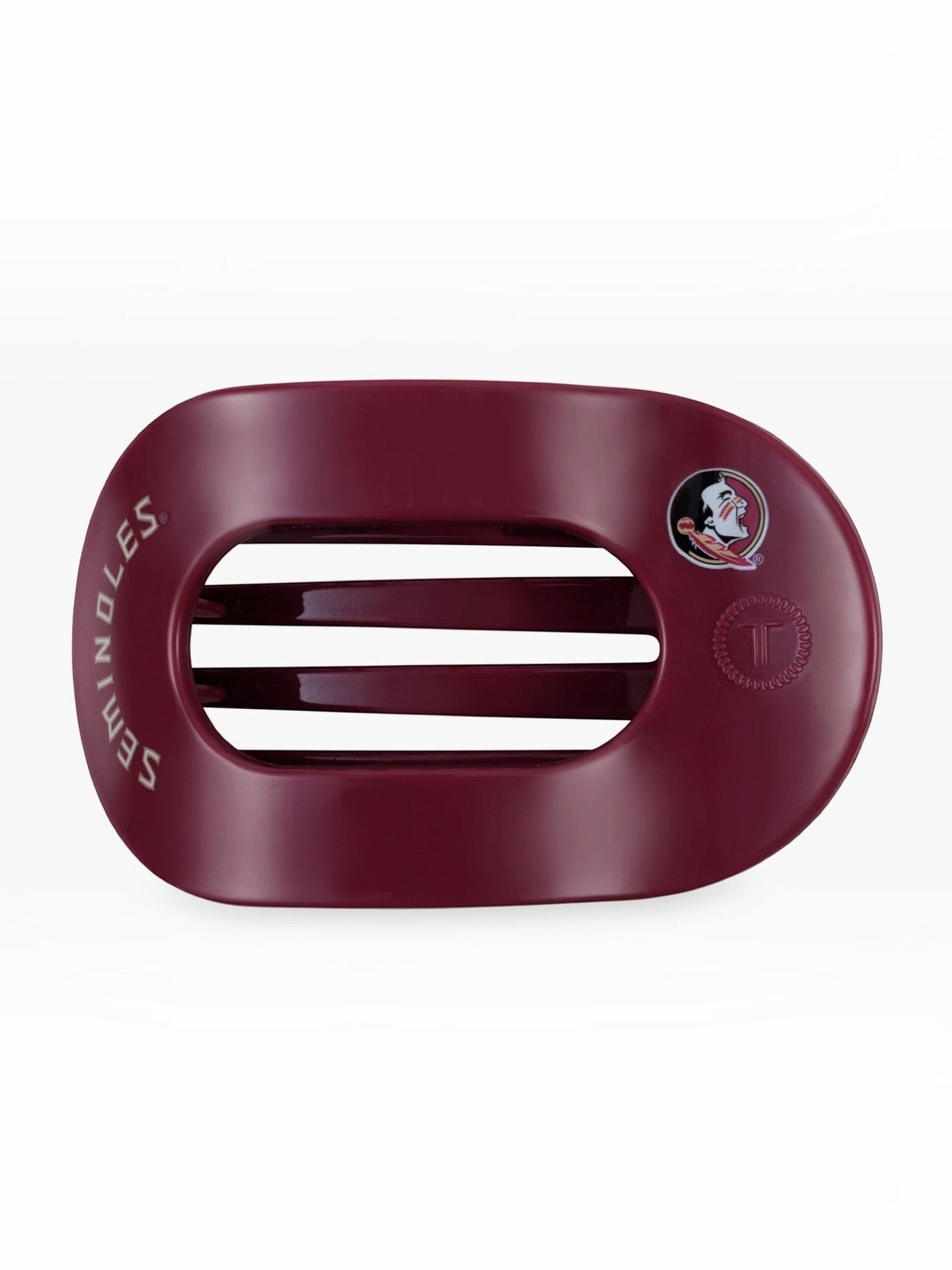 Mialur Florida State University Go Noles! medium flat round hair clip in garnet with gold team logo and branding.