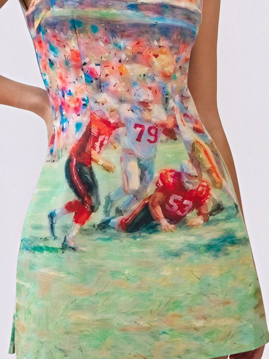 Mialur multicolor mini dress featuring an abstract football game print with a fitted silhouette and round neckline
