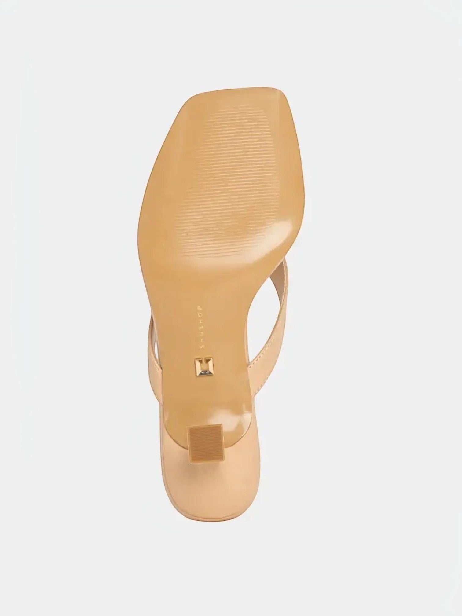 Mialur FRANNY nude thong heels with a square open toe and sculpted mid heel, shown from a bottom sole view.