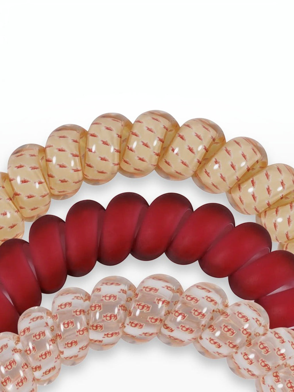 Mialur Go Noles! large spiral hair ties in garnet and gold, featuring durable waterproof design for strong hold.