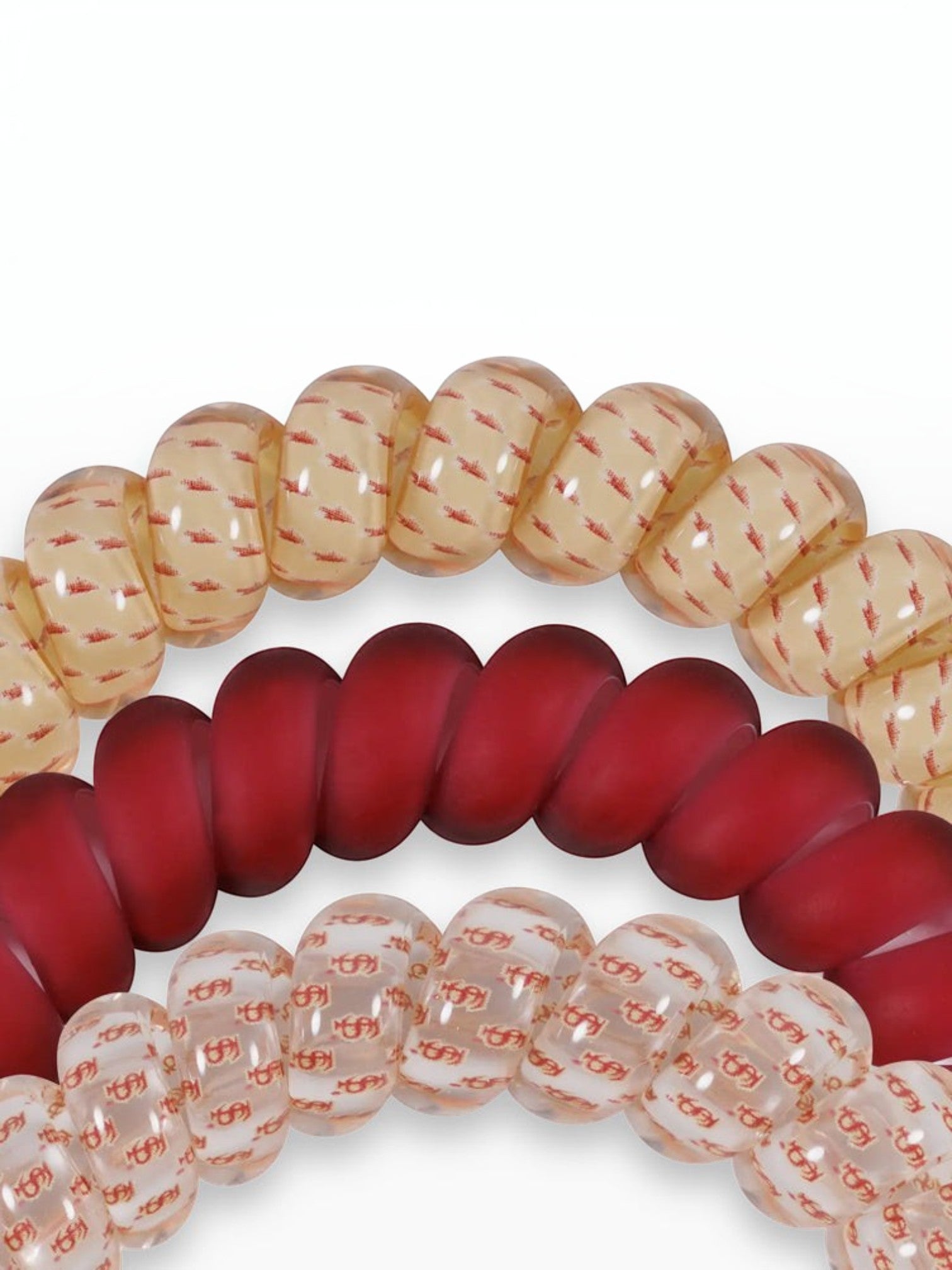 Mialur Go Noles! large spiral hair ties in garnet and gold, featuring durable waterproof design for strong hold.