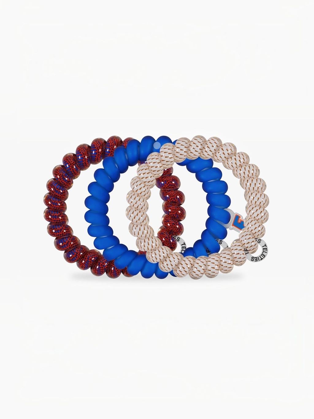 Mialur Go Gators! large spiral hair ties in orange, white, and blue with a strong, damage-free grip.
