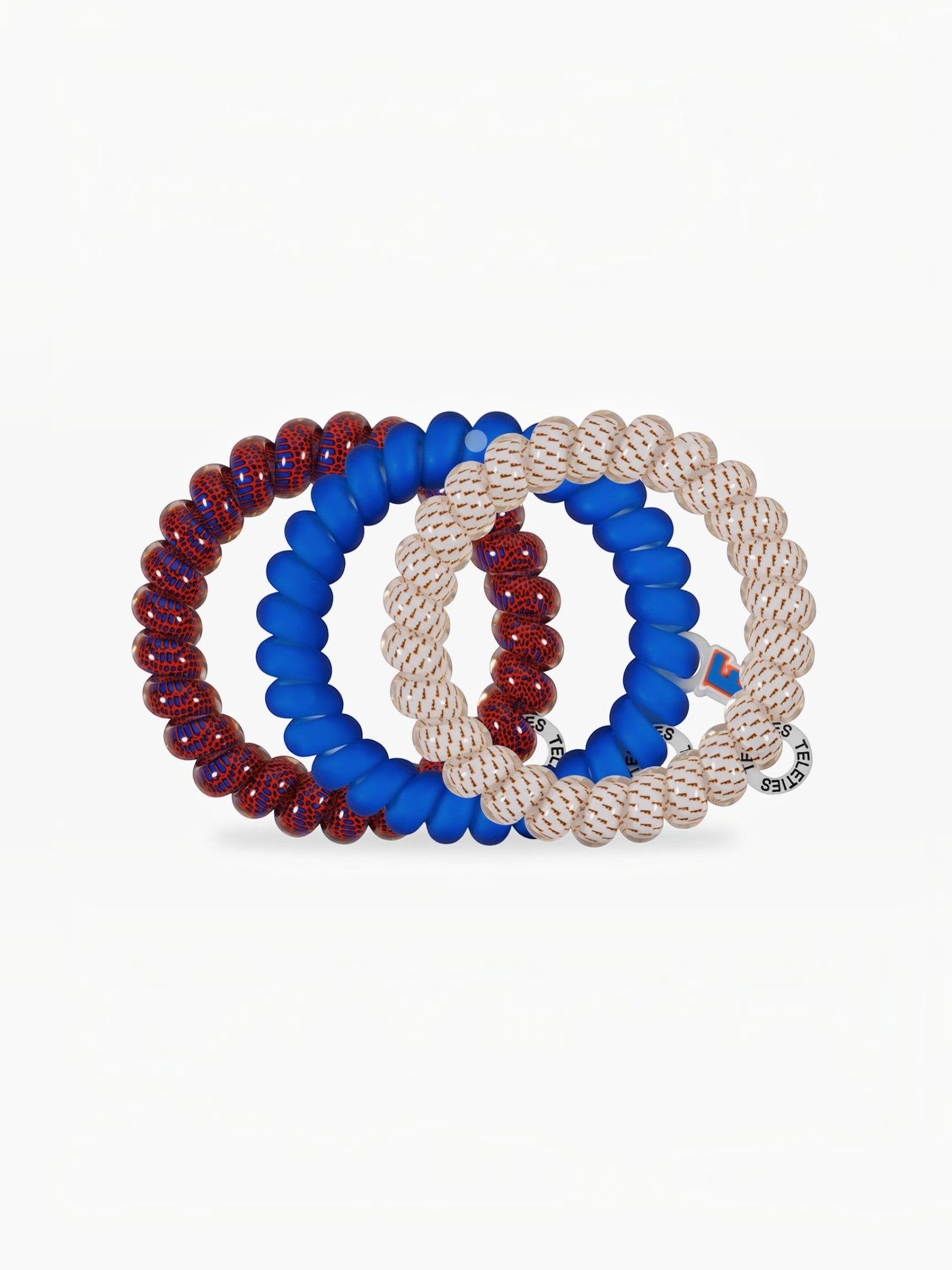 Mialur Go Gators! large spiral hair ties in orange, white, and blue with a strong, damage-free grip.