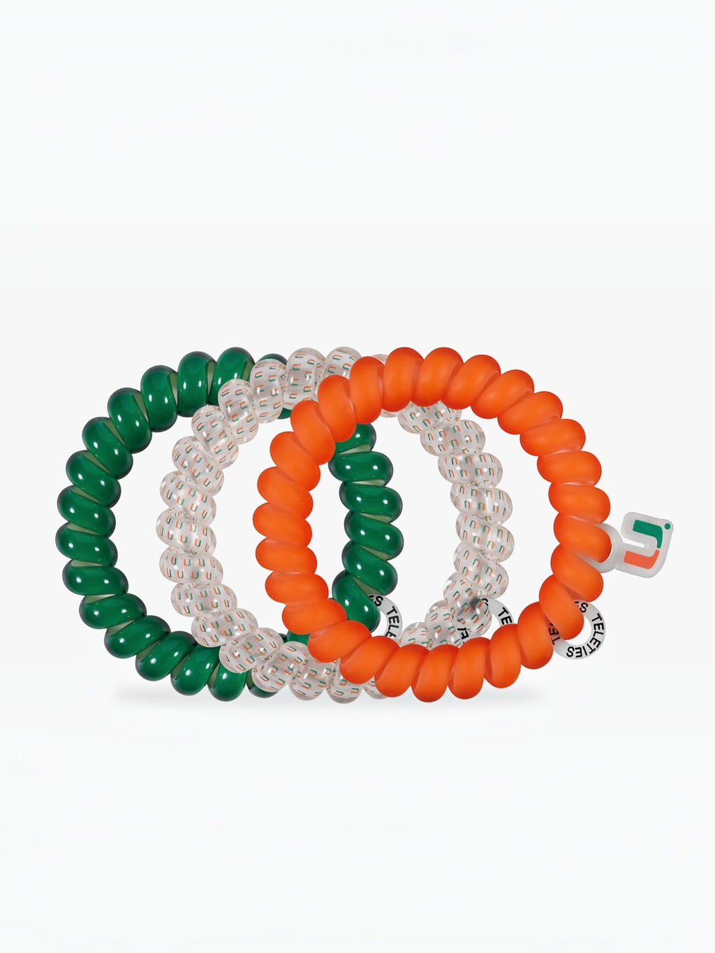 Mialur TELETIES Go Canes! large spiral hair ties in orange, green, and white University of Miami team colors.