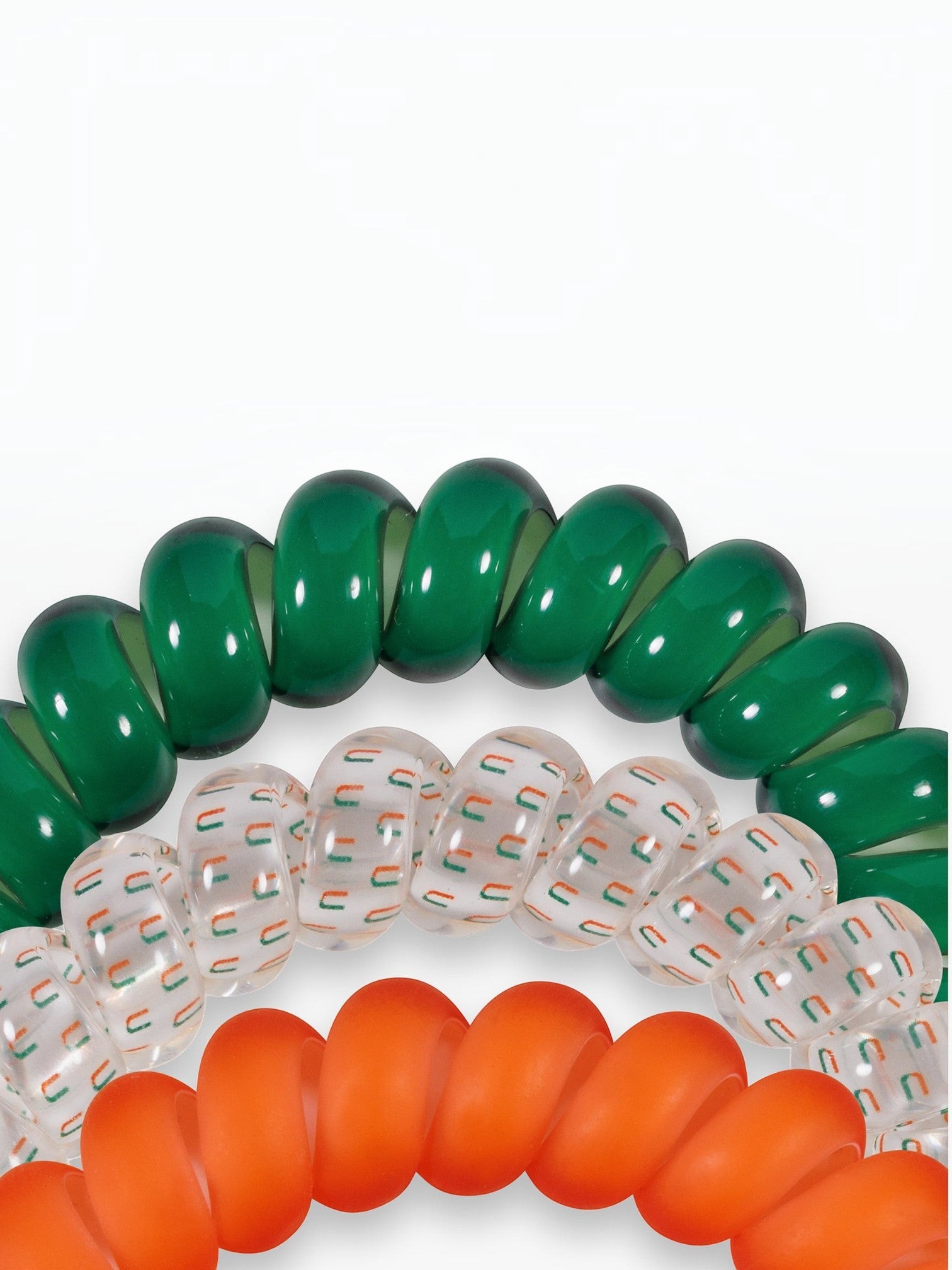 Mialur Go Canes! large spiral hair ties in orange, green, and clear with University of Miami logos