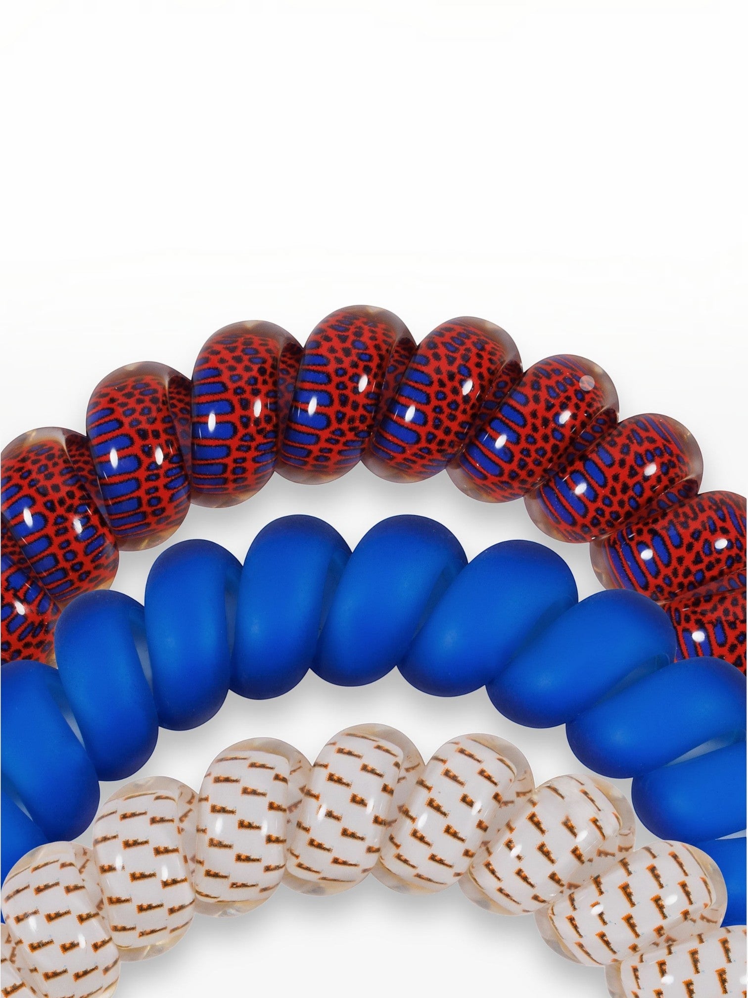 Mialur Go Gators! large spiral hair ties in orange, blue, and white patterns for a strong, damage-free hold.