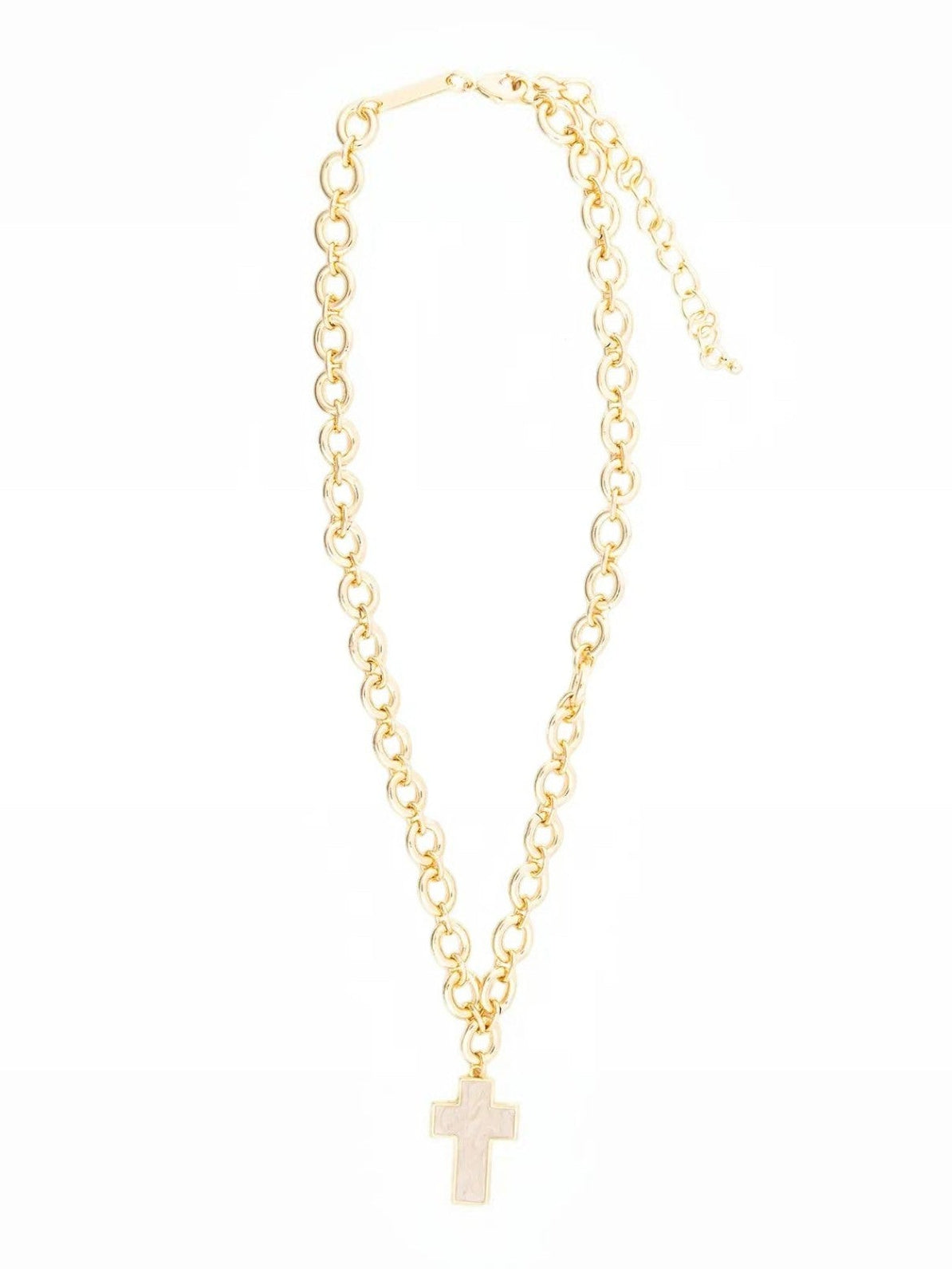 Mialur gold cross charm necklace featuring a delicate linked chain and a classic pendant on a white background