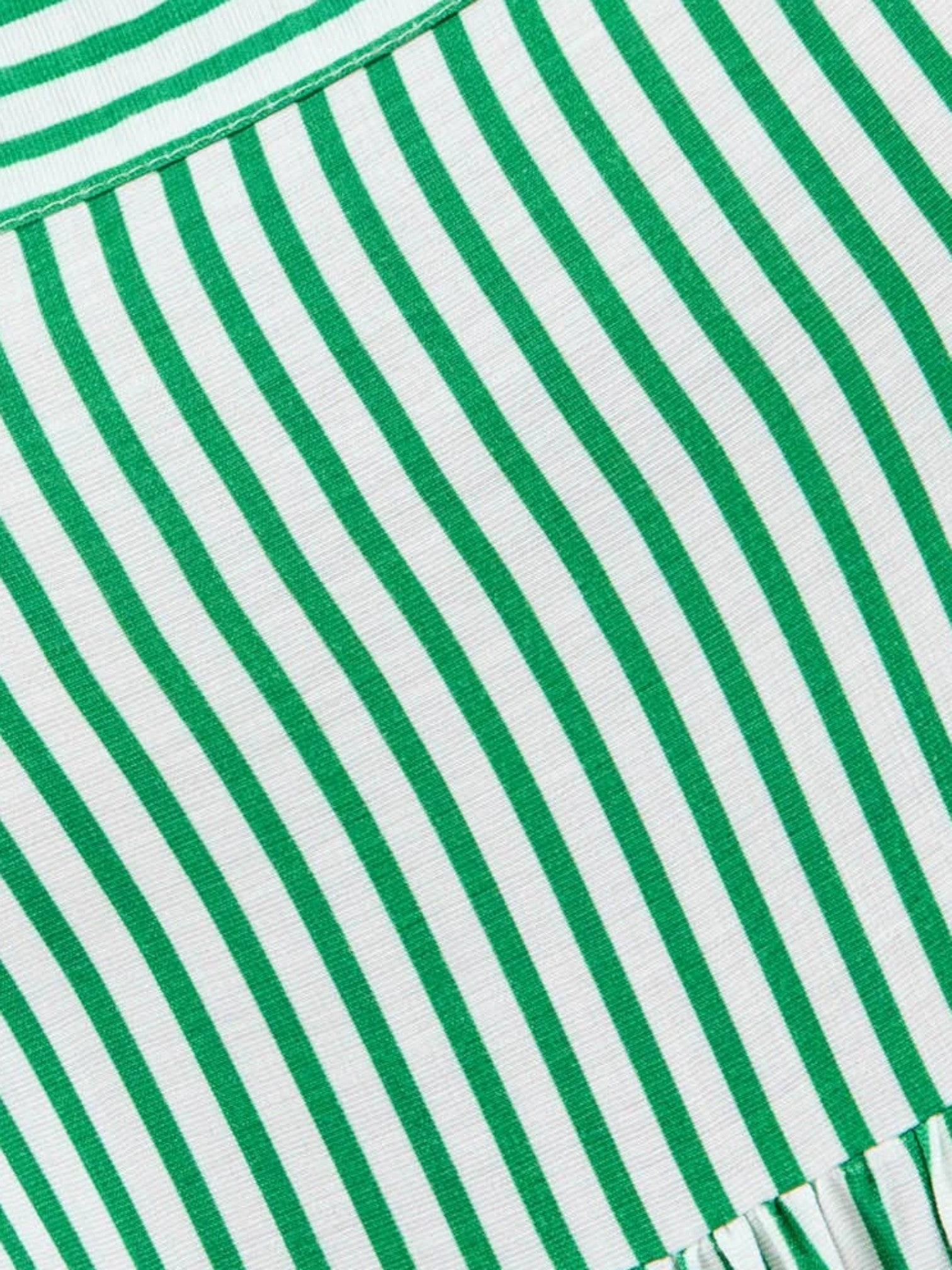 Close-up of the Mialur Savannah dress featuring a crisp green and white vertical stripe pattern on soft fabric.