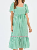 Mialur Savannah midi dress in green and white vertical stripes with a square neckline and short puff sleeves
