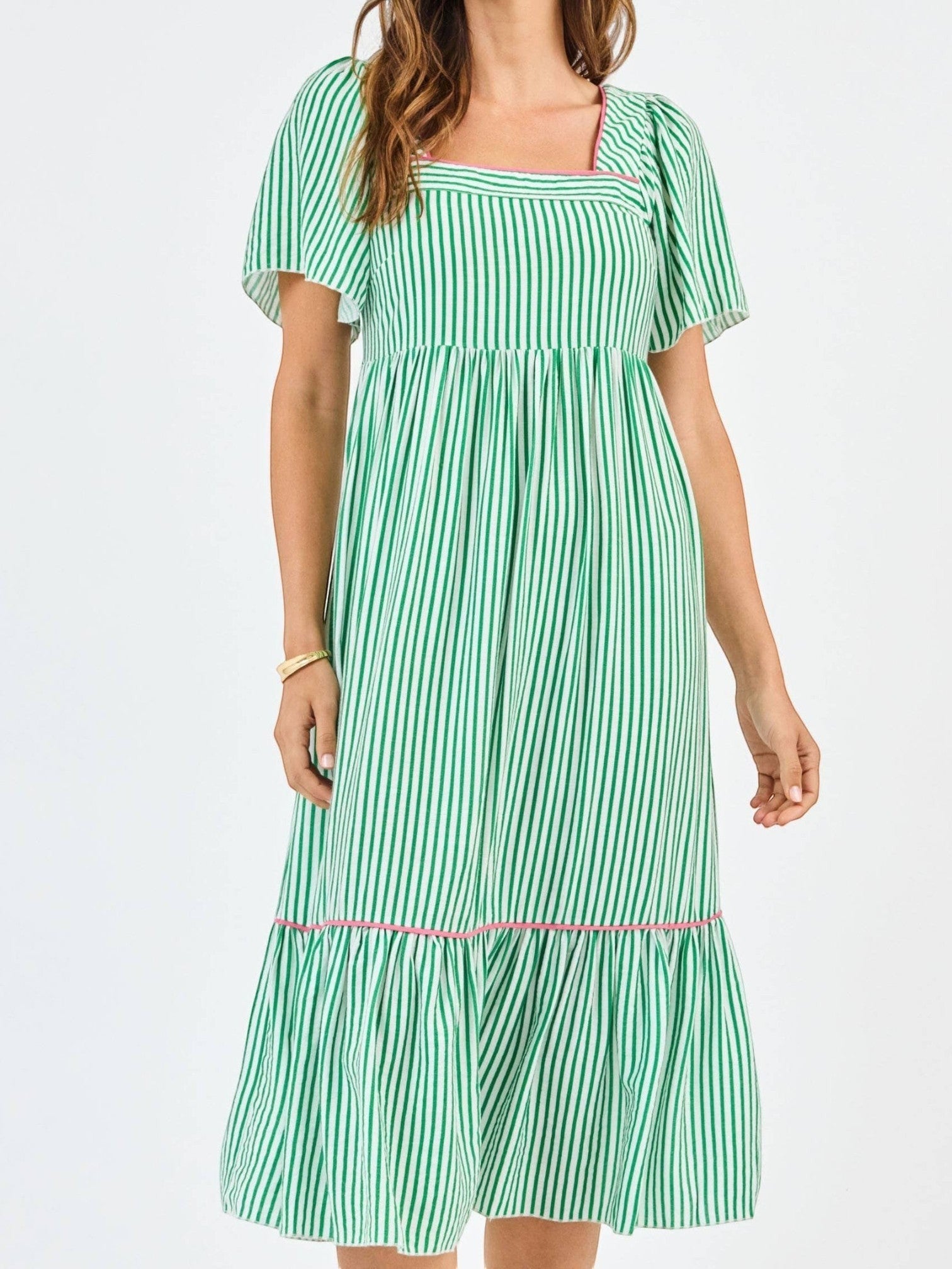 Mialur Savannah midi dress in green and white vertical stripes with a square neckline and short puff sleeves