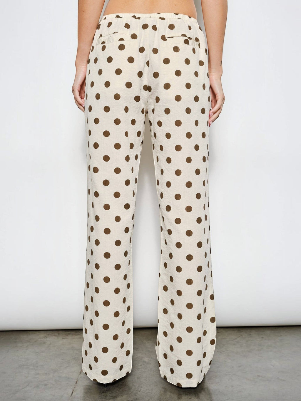 Mialur Harper low-rise wide-leg pants in cream with chocolate brown polka dots and an elastic waistband