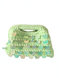 Mialur Island Palm Bag in fresh green woven knit with shimmering iridescent paillette accents for a tropical look.