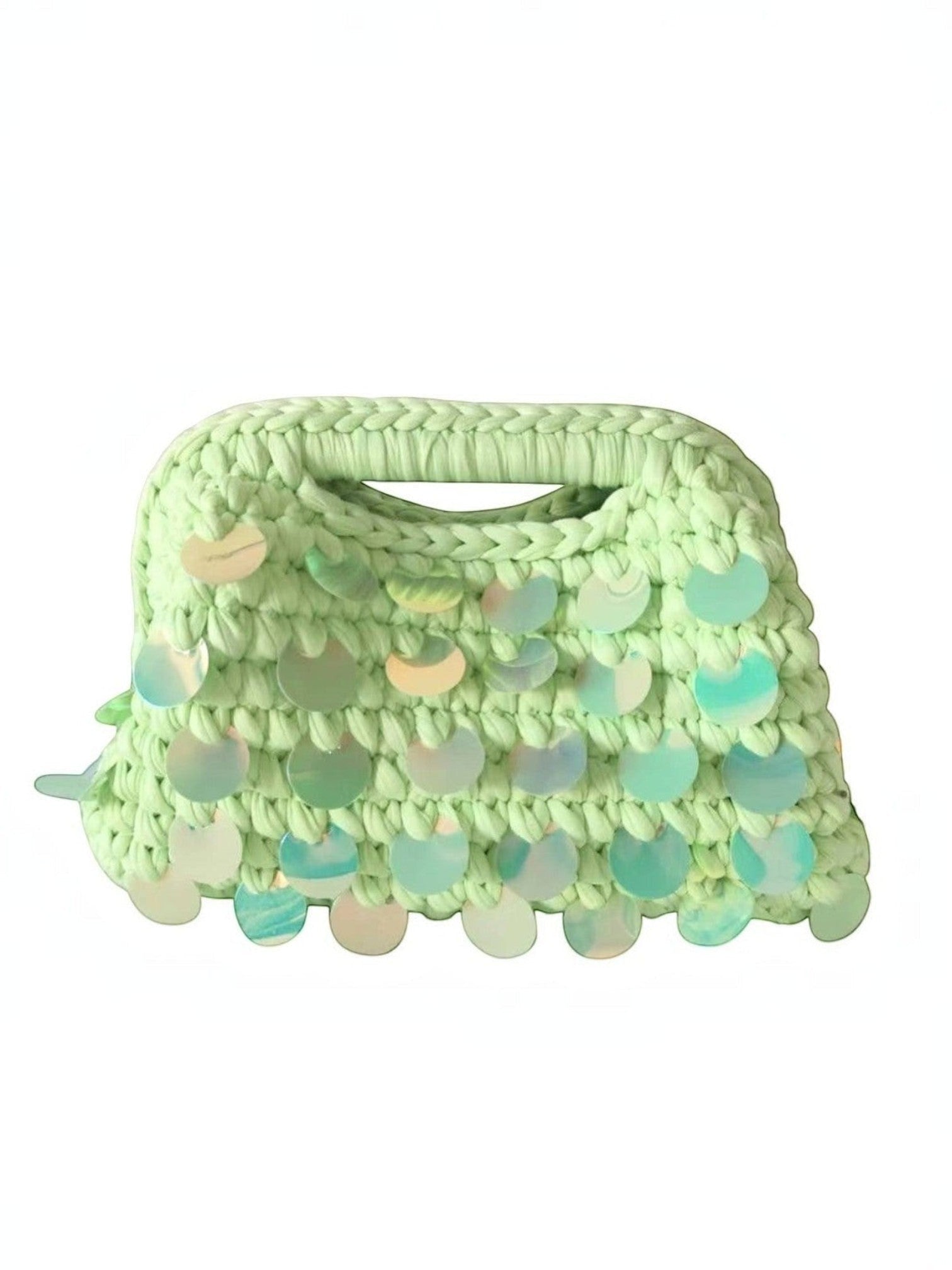 Mialur Island Palm Bag in fresh green woven knit with shimmering iridescent paillette accents for a tropical look.