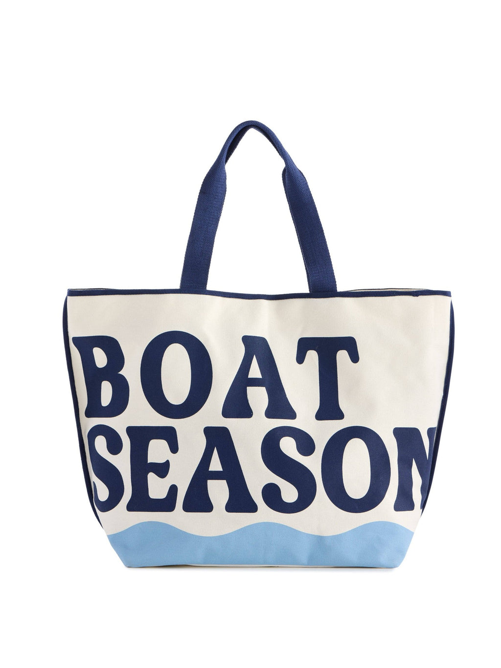Mialur oversized ivory cotton canvas tote bag with blue BOAT SEASON lettering and wave graphic on a white background