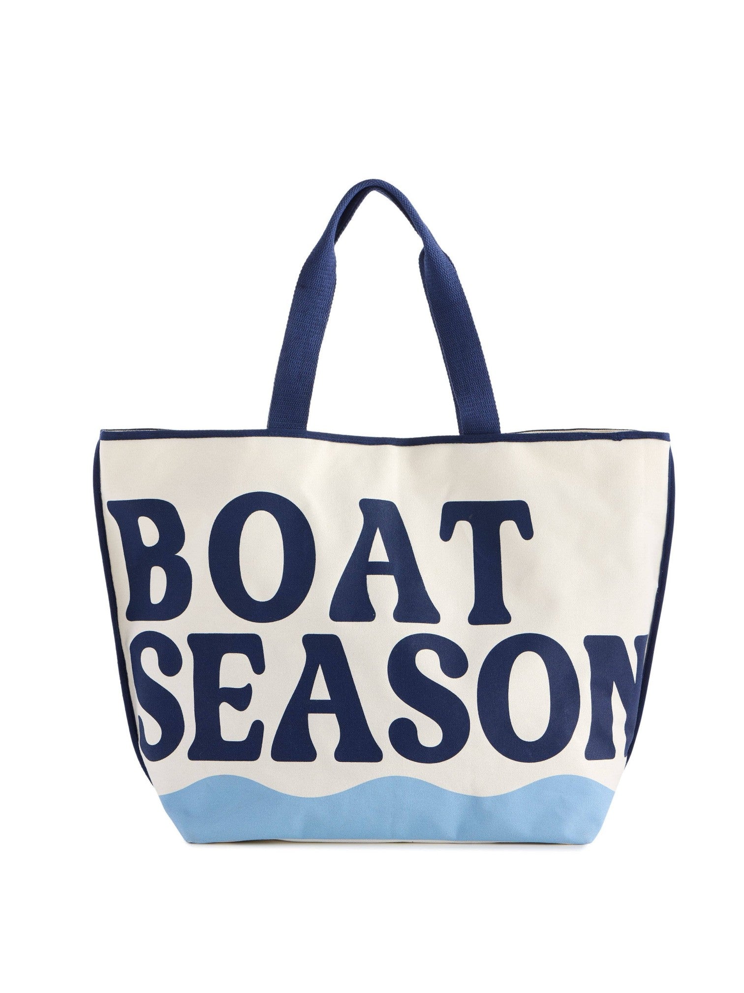 Mialur oversized ivory cotton canvas tote bag with blue BOAT SEASON lettering and wave graphic on a white background