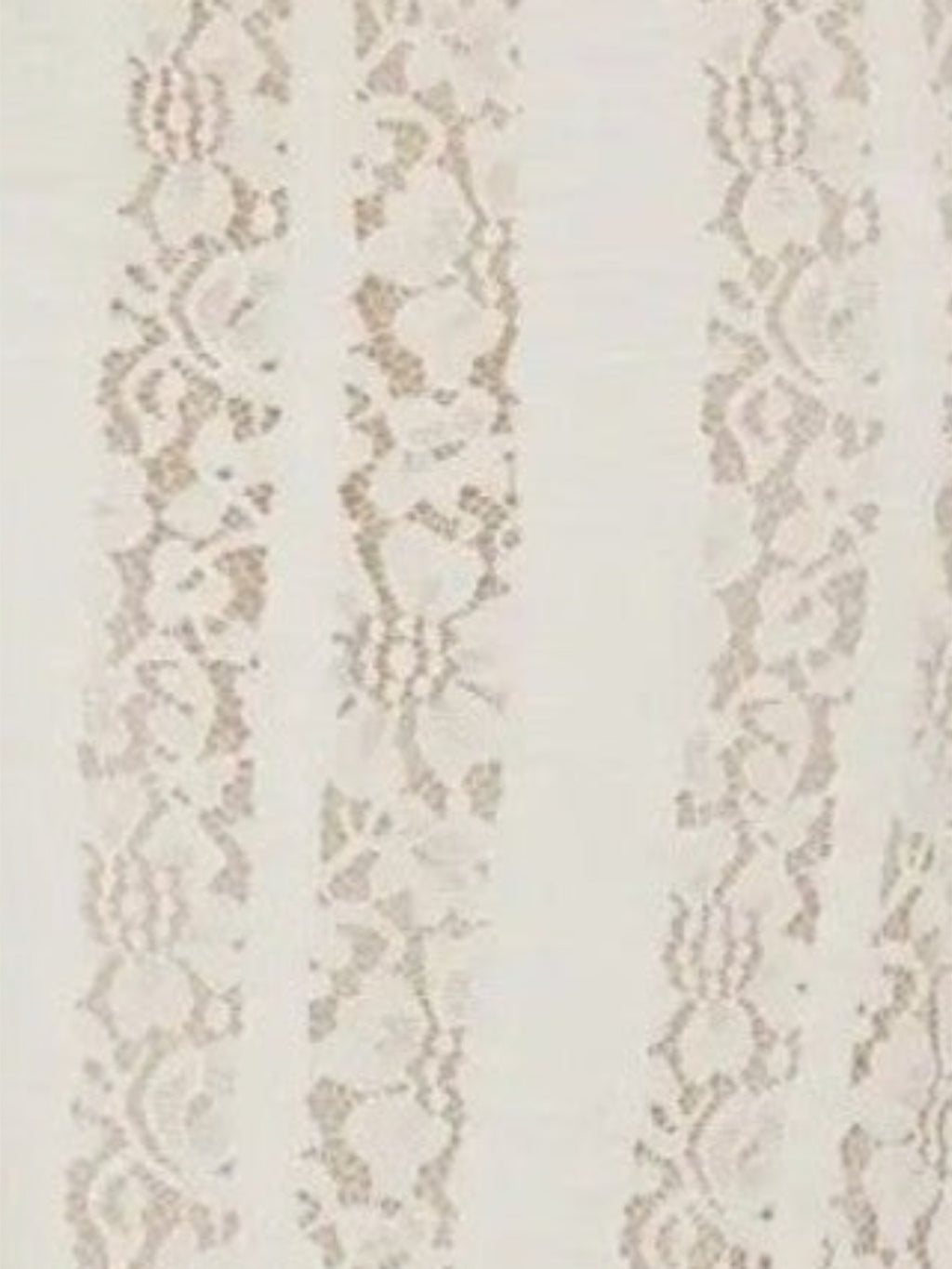 Close-up of Mialur ivory lace fabric with delicate vertical floral patterns on a soft white background.