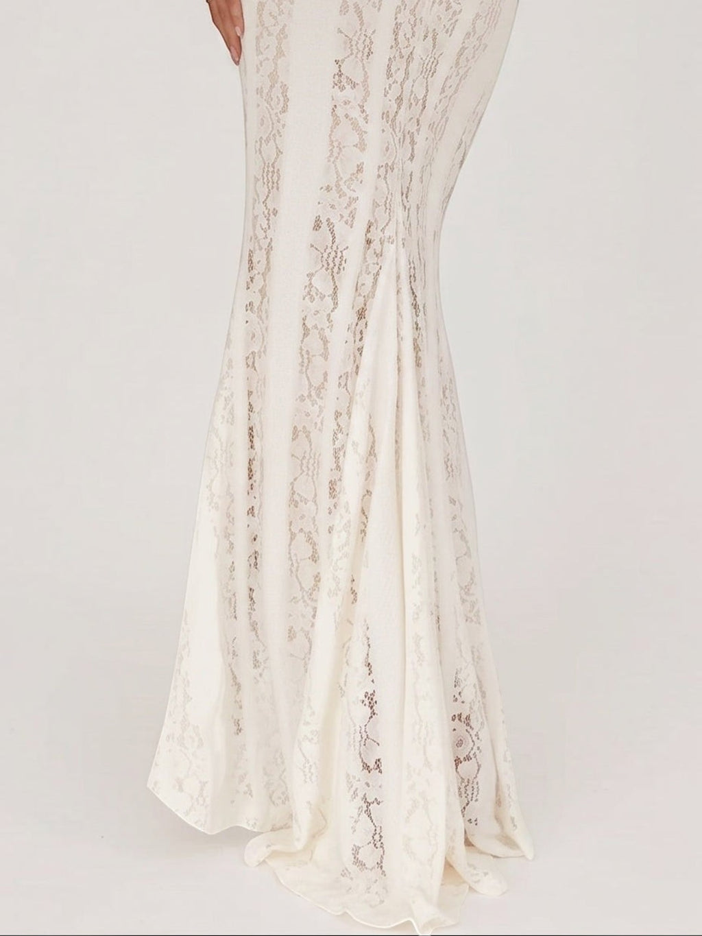 Mialur ivory lace maxi dress with a fitted bodice and flared skirt, perfect for bridal events and special occasions.