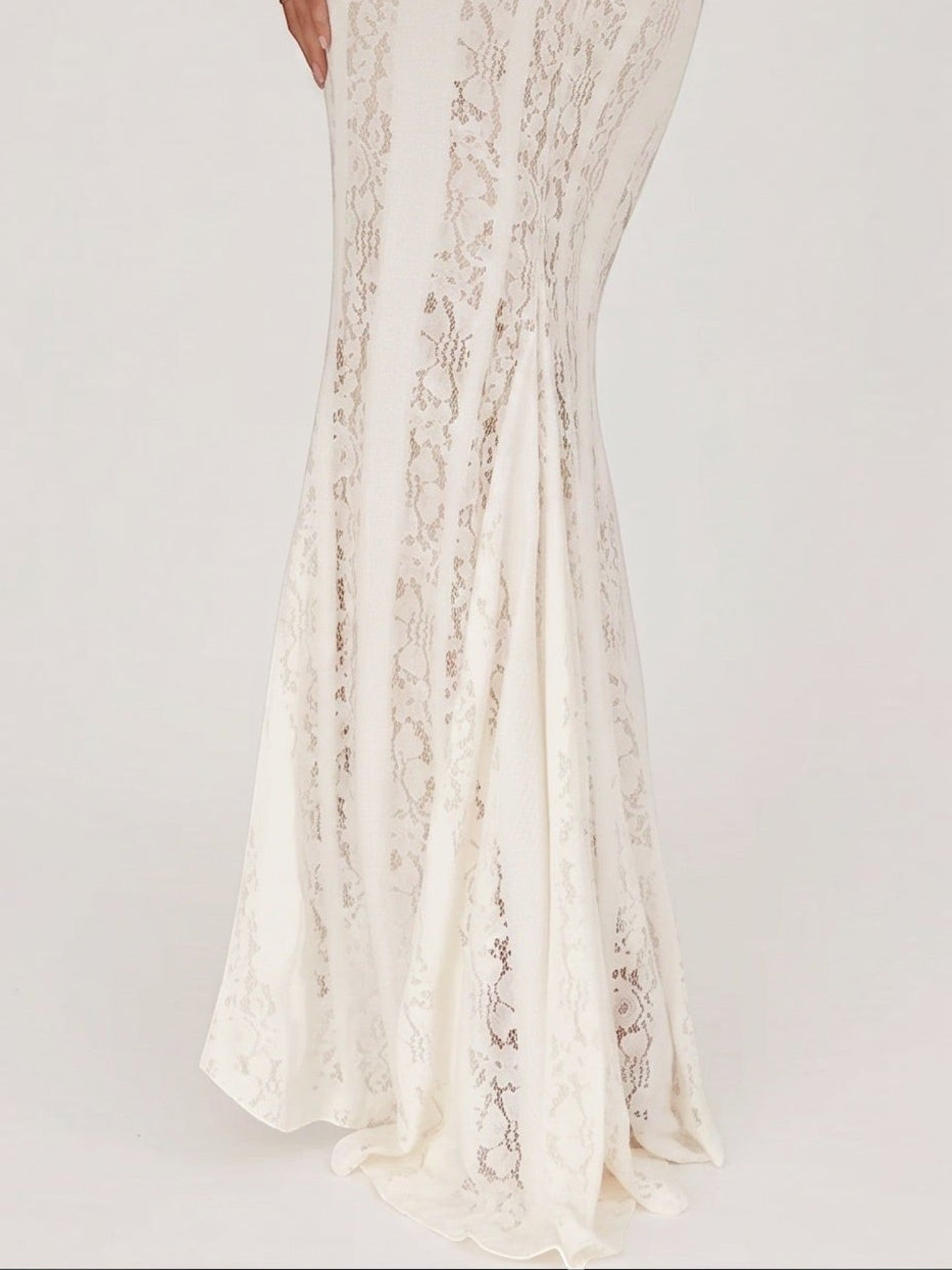 Mialur ivory lace maxi dress with a fitted bodice and flared skirt, perfect for bridal events and special occasions.