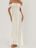 Mialur ivory lace off-the-shoulder maxi dress with a fitted bodice and flared mermaid silhouette for bridal events.