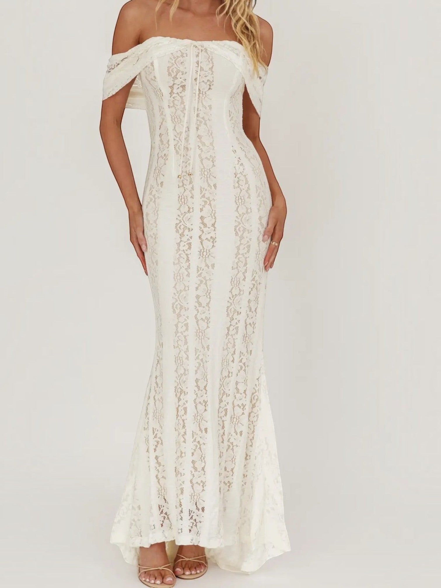 Mialur ivory lace off-the-shoulder maxi dress with a fitted bodice and flared mermaid silhouette for bridal events.