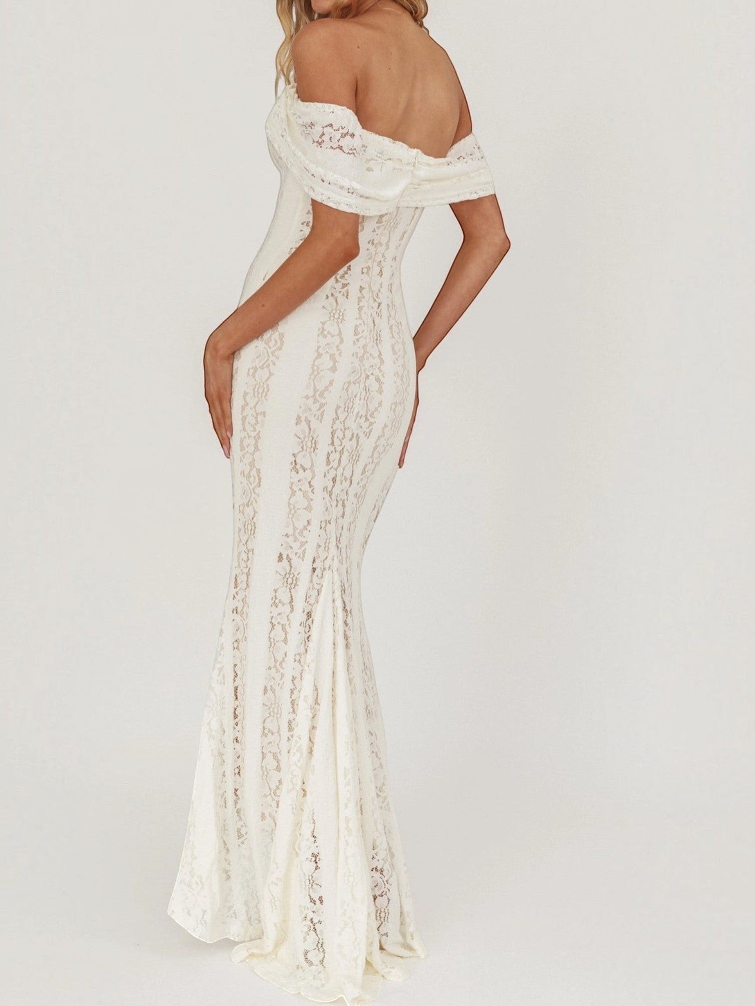 Mialur ivory off-the-shoulder lace maxi dress with a fitted bodice and flared mermaid silhouette