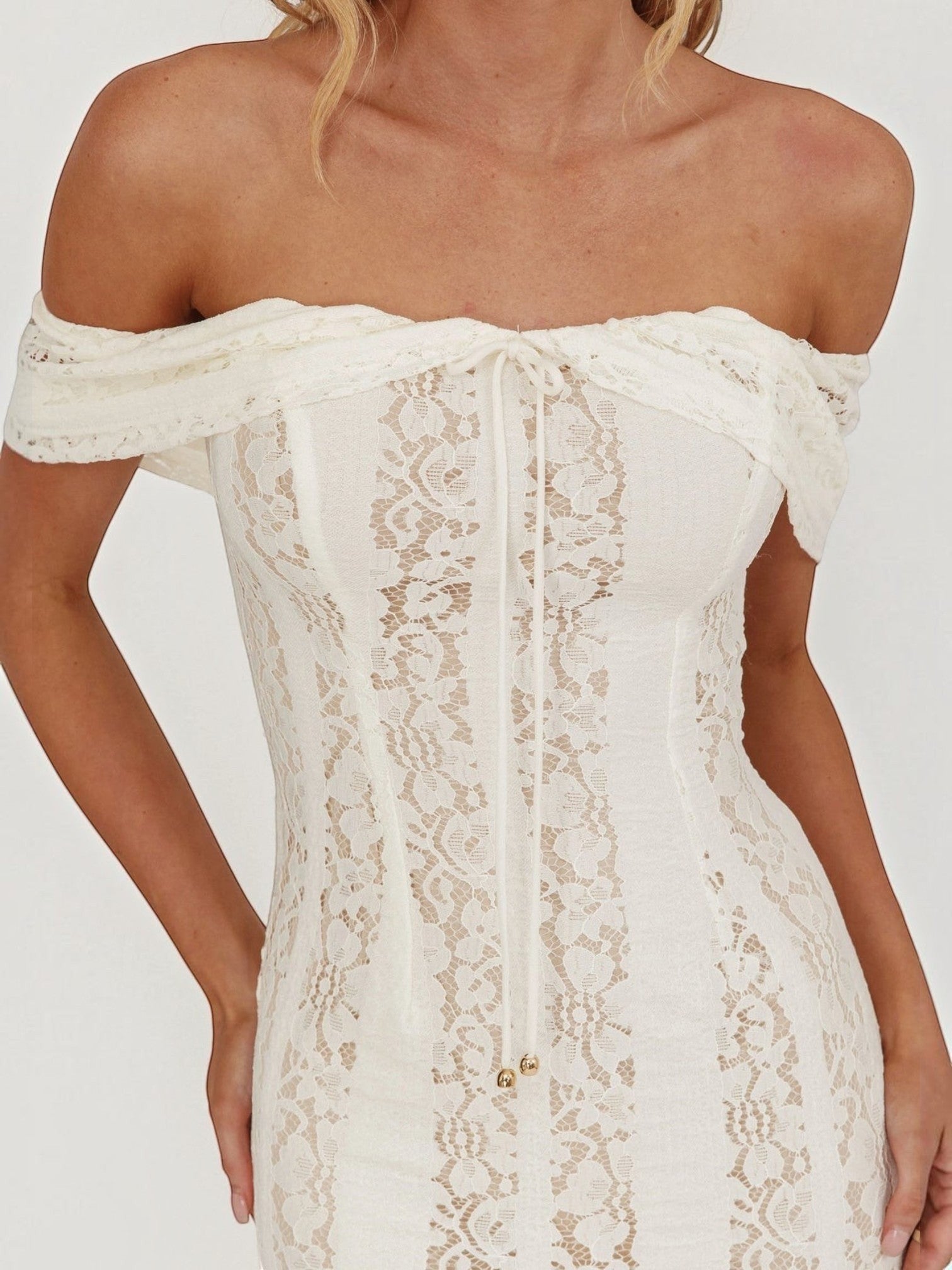 Mialur ivory lace maxi dress featuring an off-the-shoulder neckline and a fitted bodice with delicate lace detailing.